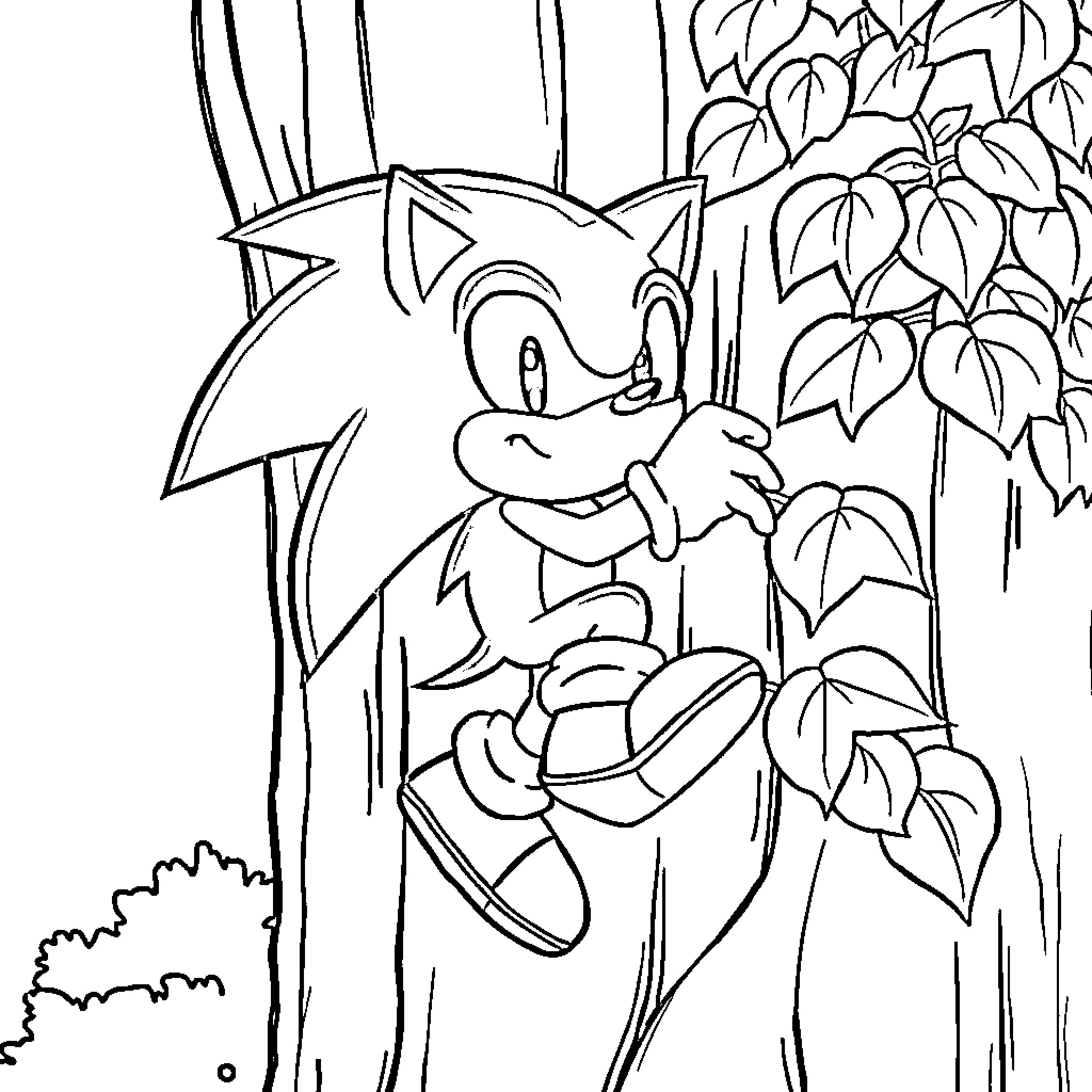 Sonic the Hedgehog exploring the forest Coloring Page (free black-and-white line drawing printable PDF for all, from beginners to advanced learners, including children, teens, adults, and seniors)