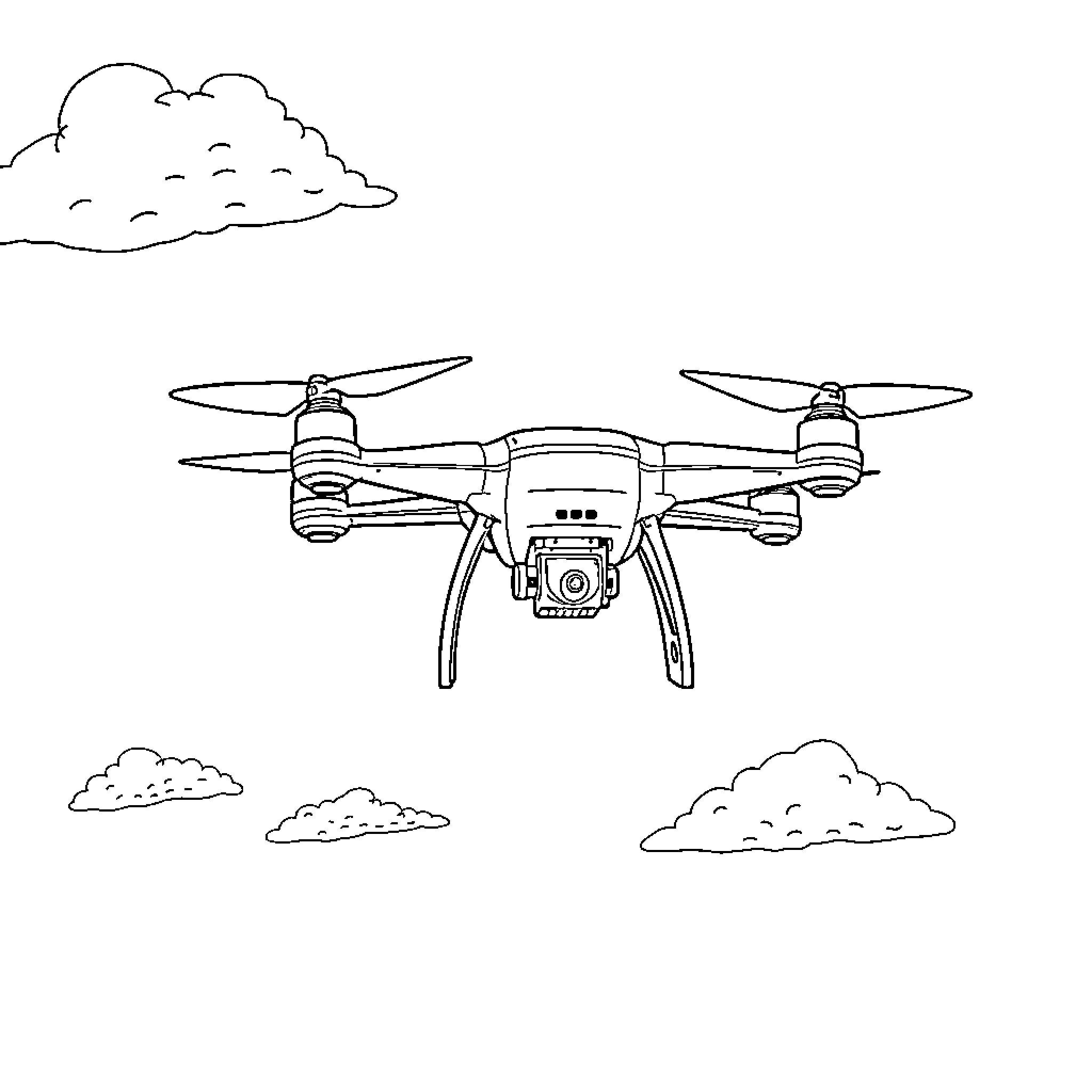 Drone flying through the cloudy sky Coloring Page (free black-and-white line drawing printable PDF for all, from beginners to advanced learners, including children, teens, adults, and seniors)