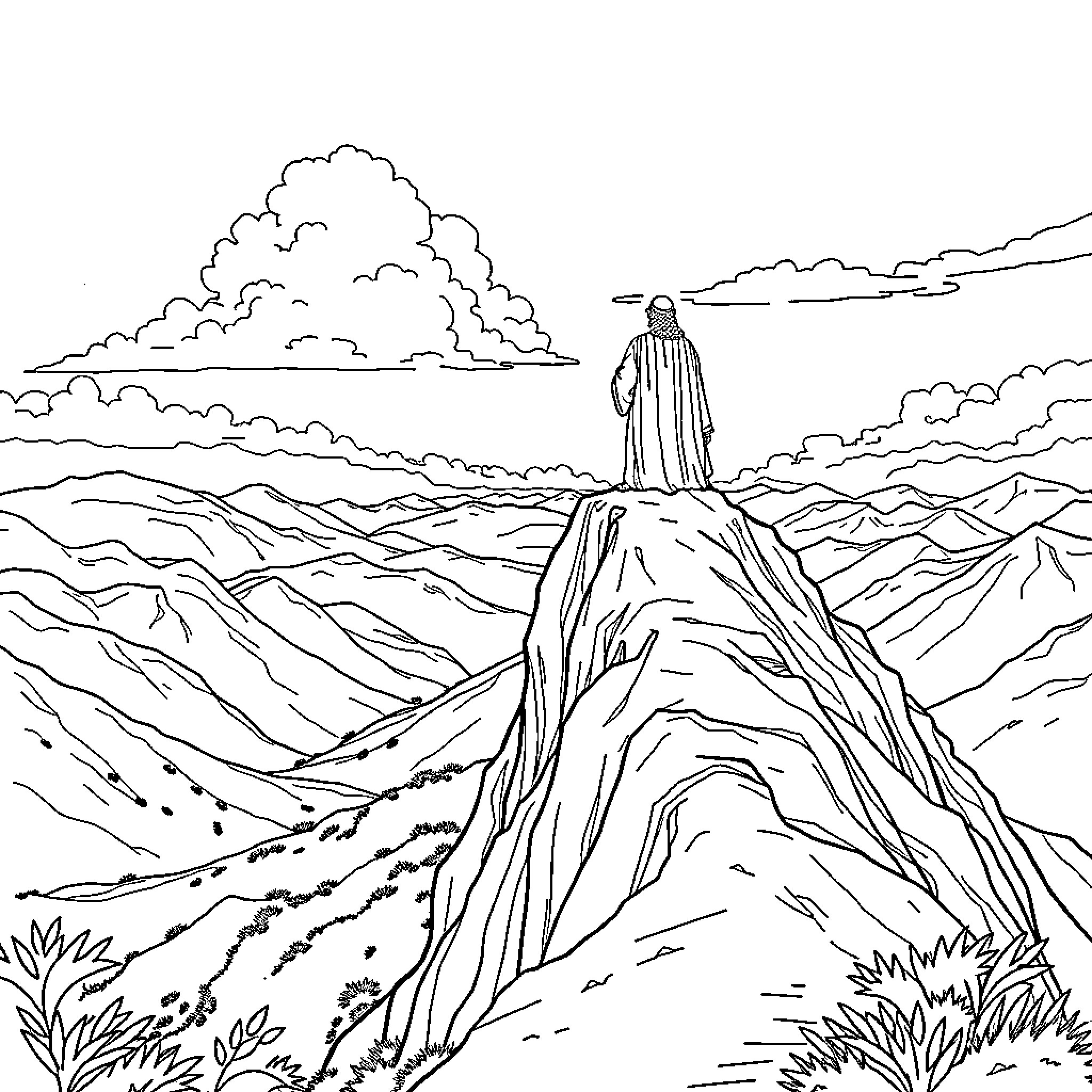 Moses standing on a mountain overlooking the desert landscape Coloring Page (free black-and-white line drawing printable PDF for all, from beginners to advanced learners, including children, teens, adults, and seniors)
