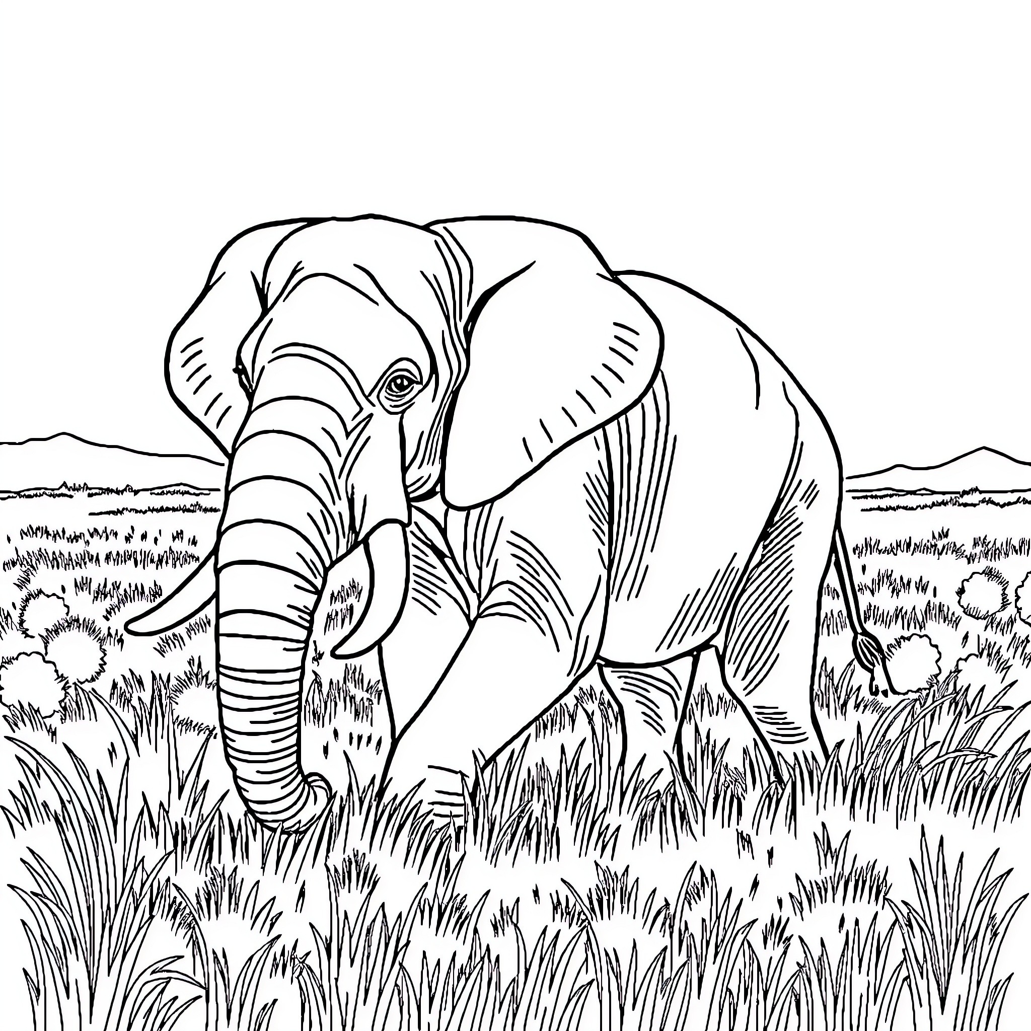 Elephant walking through the grassy wilderness Coloring Page (free black-and-white line drawing printable PDF for all, from beginners to advanced learners, including children, teens, adults, and seniors)
