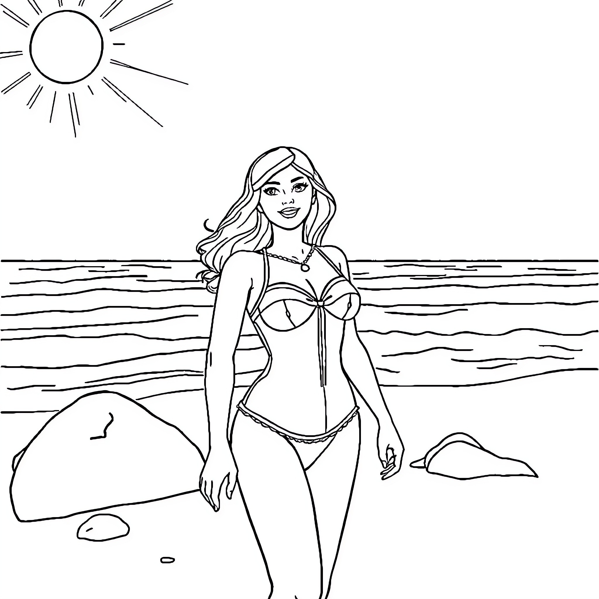 Queen enjoying the sun by the seaside Coloring Page (free black-and-white line drawing printable PDF for all, from beginners to advanced learners, including children, teens, adults, and seniors)