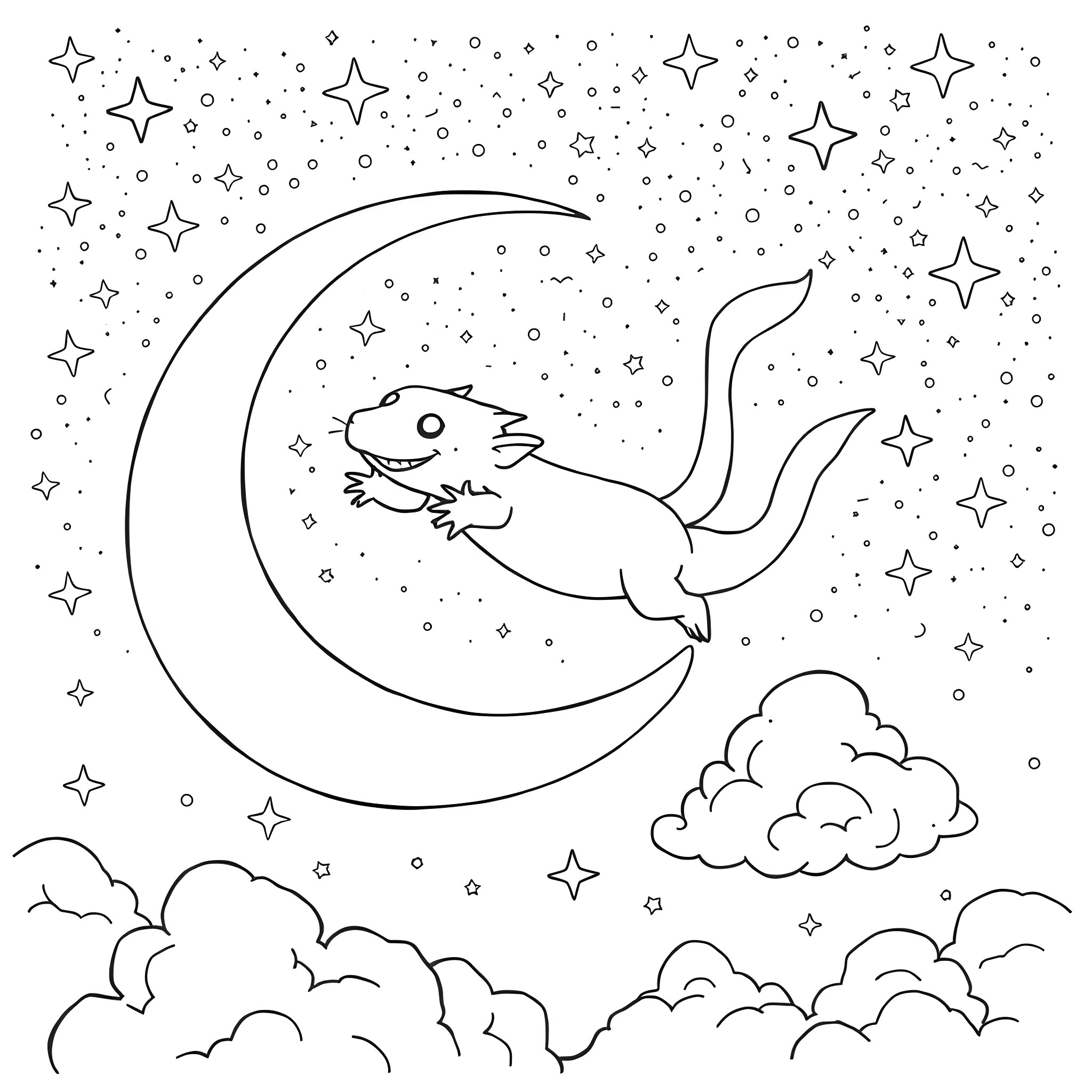 Axolotl swimming on the crescent moon in the starry night sky Coloring Page (free black-and-white line drawing printable PDF for all, from beginners to advanced learners, including children, teens, adults, and seniors)