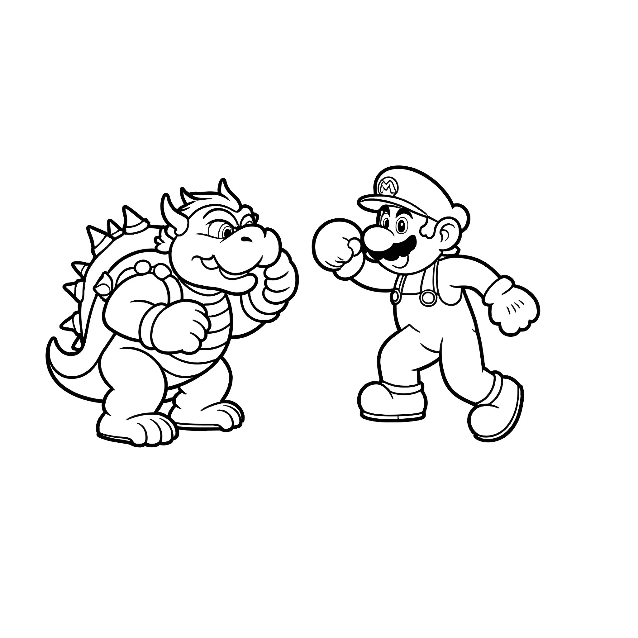 Mario facing off against Bowser in a lighthearted scene Coloring Page (free black-and-white line drawing printable PDF for all, from beginners to advanced learners, including children, teens, adults, and seniors)