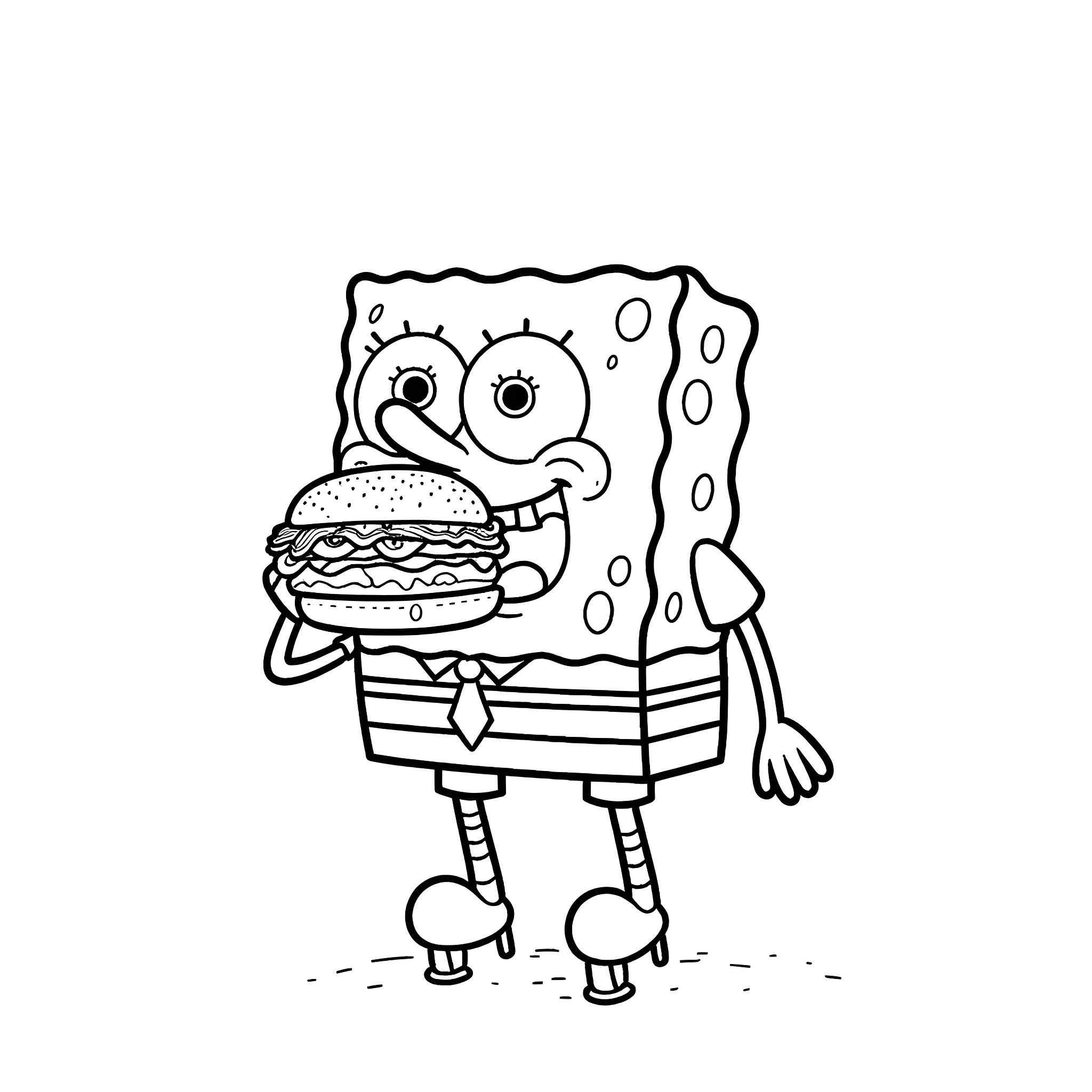 Spongebob eating a giant burger Coloring Page (free black-and-white line drawing printable PDF for all, from beginners to advanced learners, including children, teens, adults, and seniors)