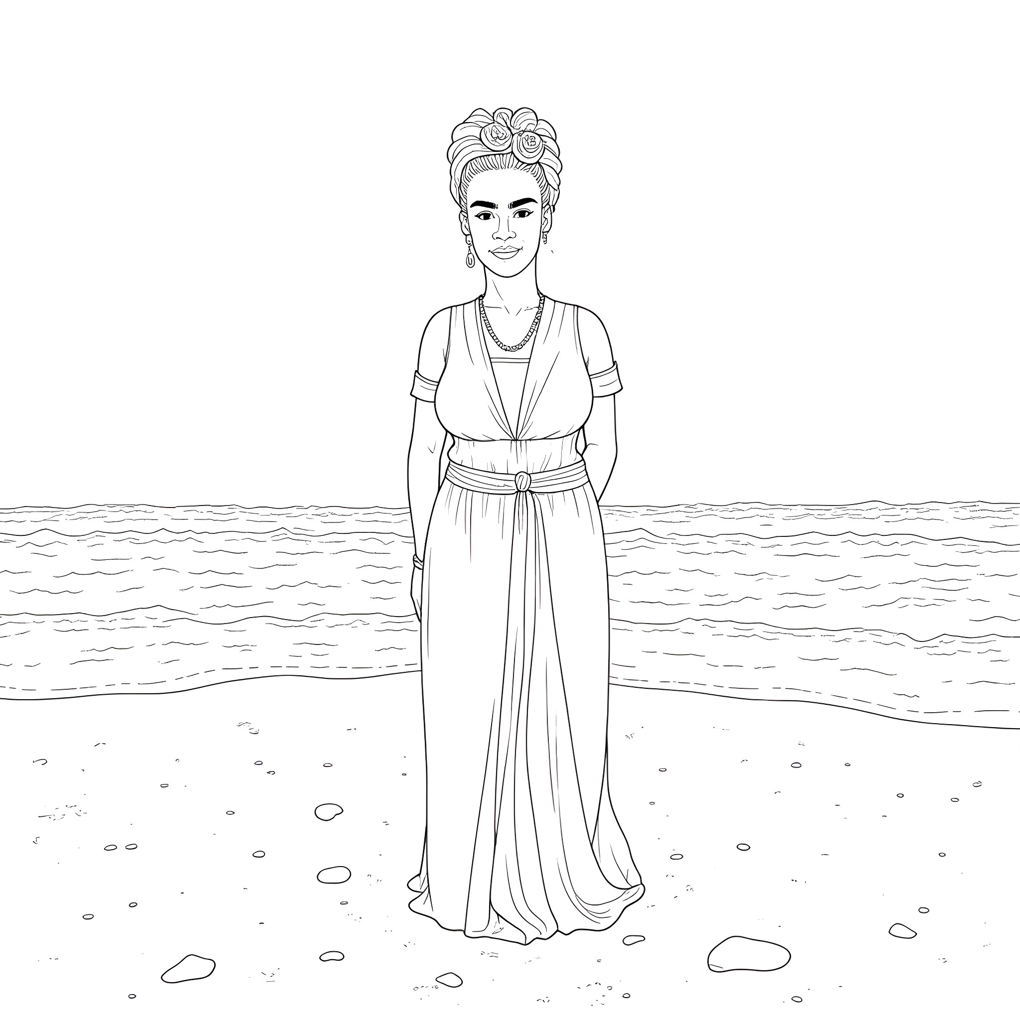 Frida Kahlo standing gracefully by the sea Coloring Page (free black-and-white line drawing printable PDF for all, from beginners to advanced learners, including children, teens, adults, and seniors)