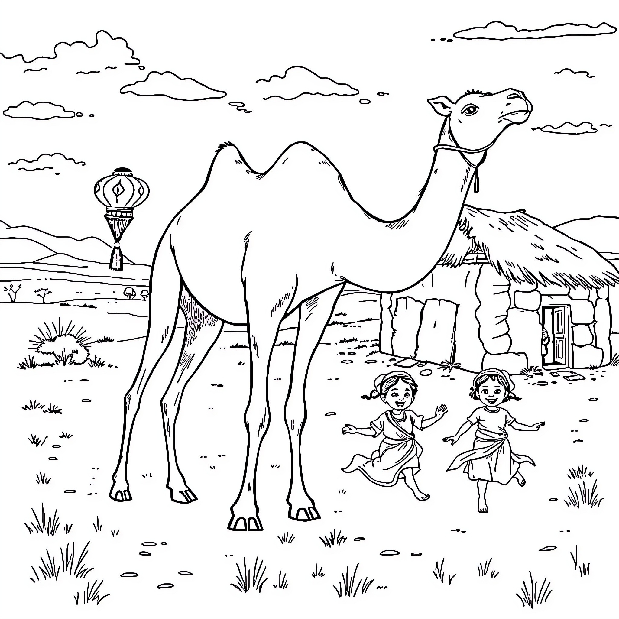 Camel in desert with children playing Coloring Page (free black-and-white line drawing printable PDF for all, from beginners to advanced learners, including children, teens, adults, and seniors)