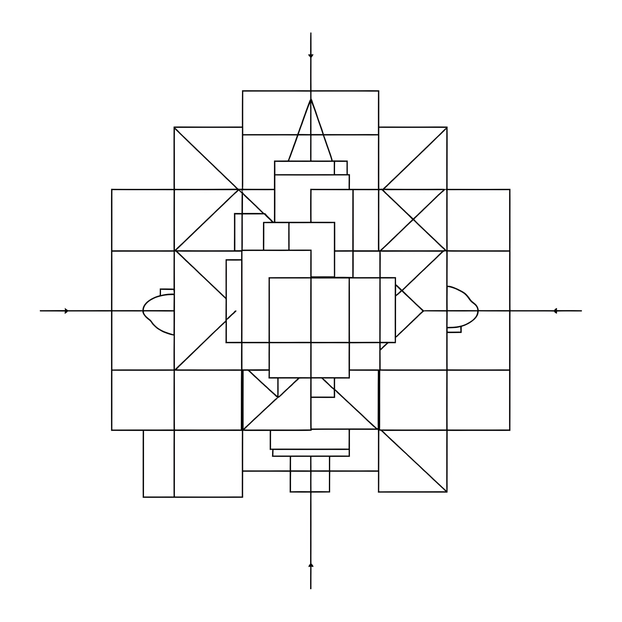 Geometric Shapes in Symmetrical Arrangement Coloring Page (free black-and-white line drawing printable PDF for all, from beginners to advanced learners, including children, teens, adults, and seniors)