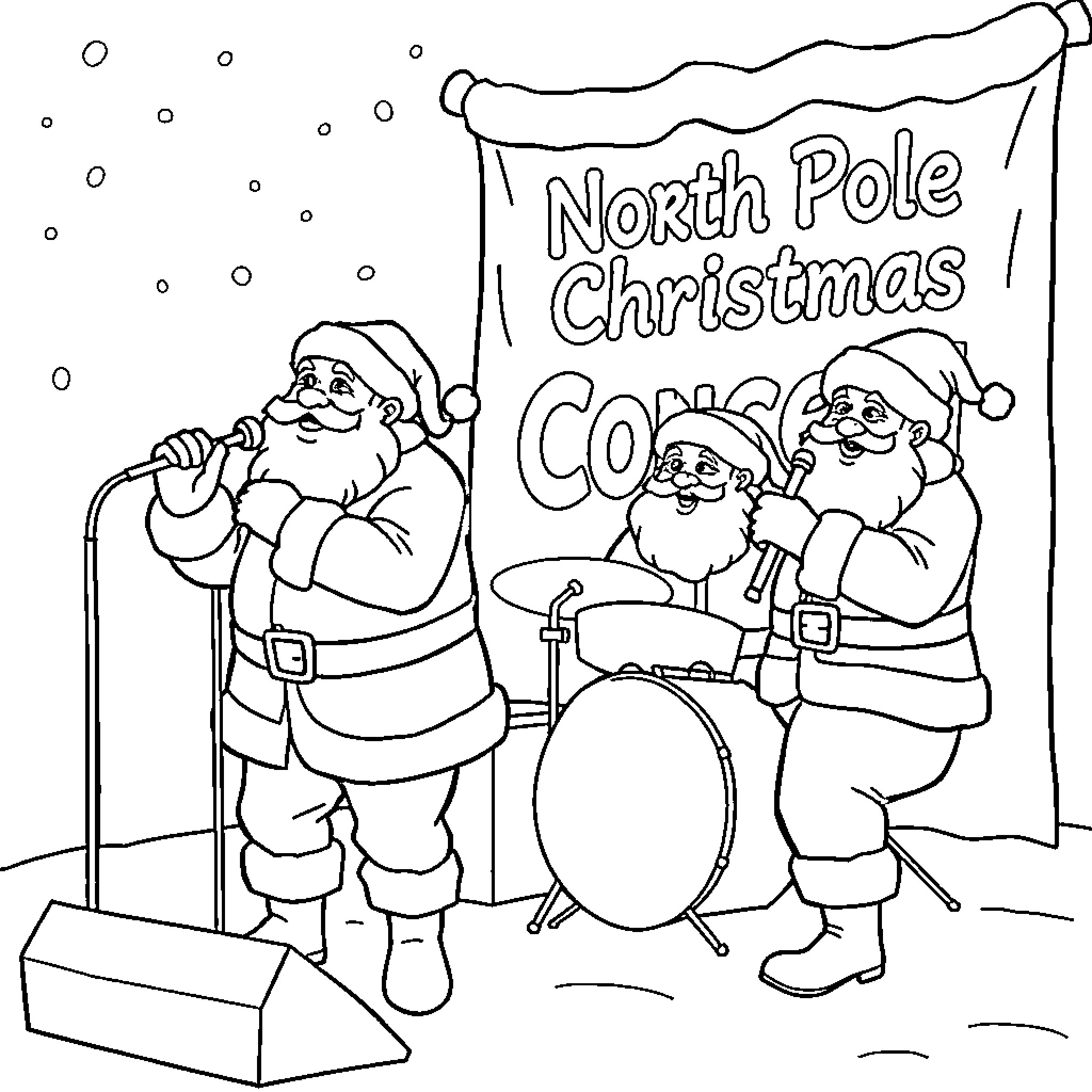 Santa Claus band performing at the North Pole Christmas concert Coloring Page (free black-and-white line drawing printable PDF for all, from beginners to advanced learners, including children, teens, adults, and seniors)