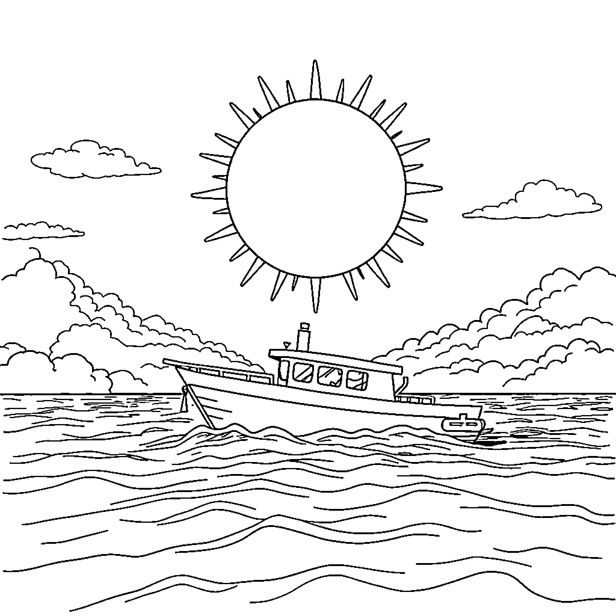 Boat sailing on the waves under the sunny sky Coloring Page (free black-and-white line drawing printable PDF for all, from beginners to advanced learners, including children, teens, adults, and seniors)