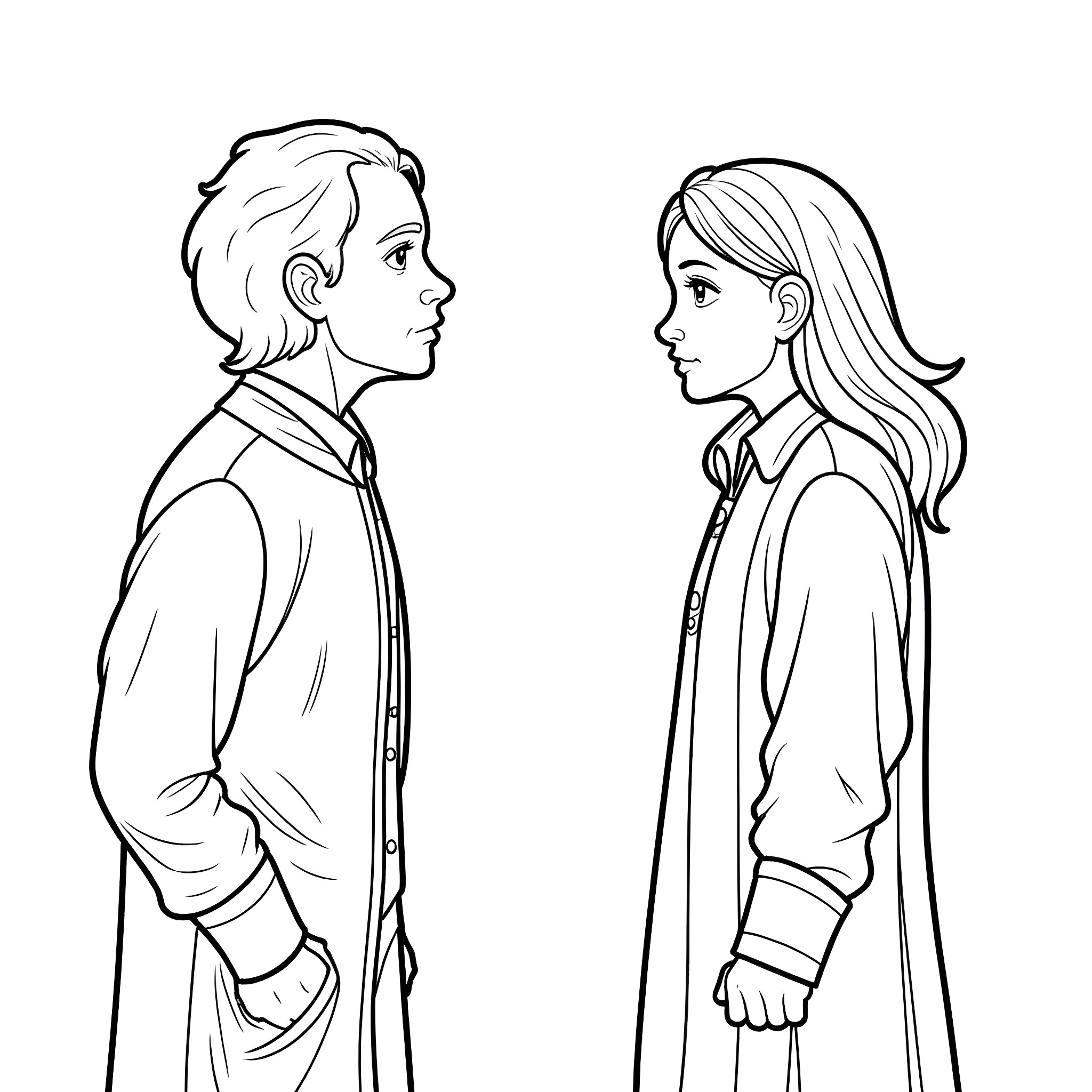 Arthur and Hermione in conversation Coloring Page (free black-and-white line drawing printable PDF for all, from beginners to advanced learners, including children, teens, adults, and seniors)