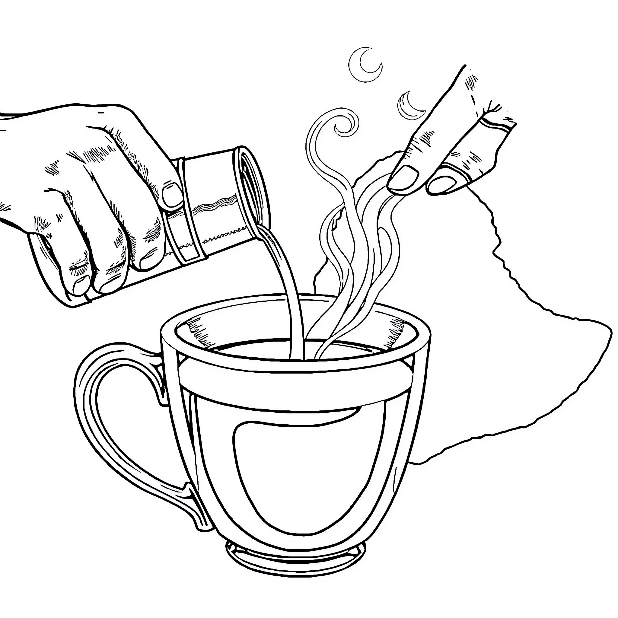 Jebena: Hands Pouring Aromatic Tea Coloring Page (free black-and-white line drawing printable PDF for all, from beginners to advanced learners, including children, teens, adults, and seniors)