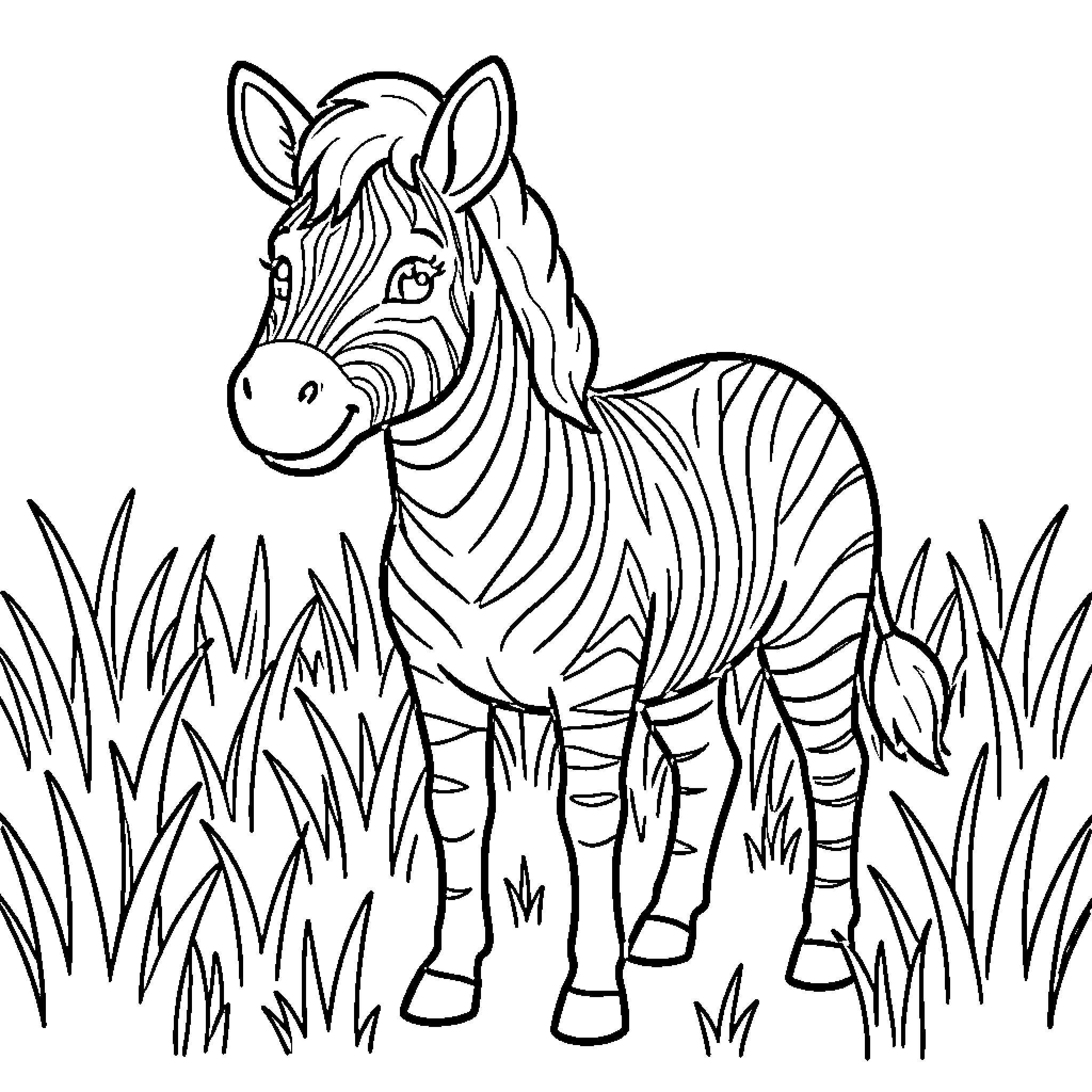 Zebra standing peacefully in the tall grass Coloring Page (free black-and-white line drawing printable PDF for all, from beginners to advanced learners, including children, teens, adults, and seniors)