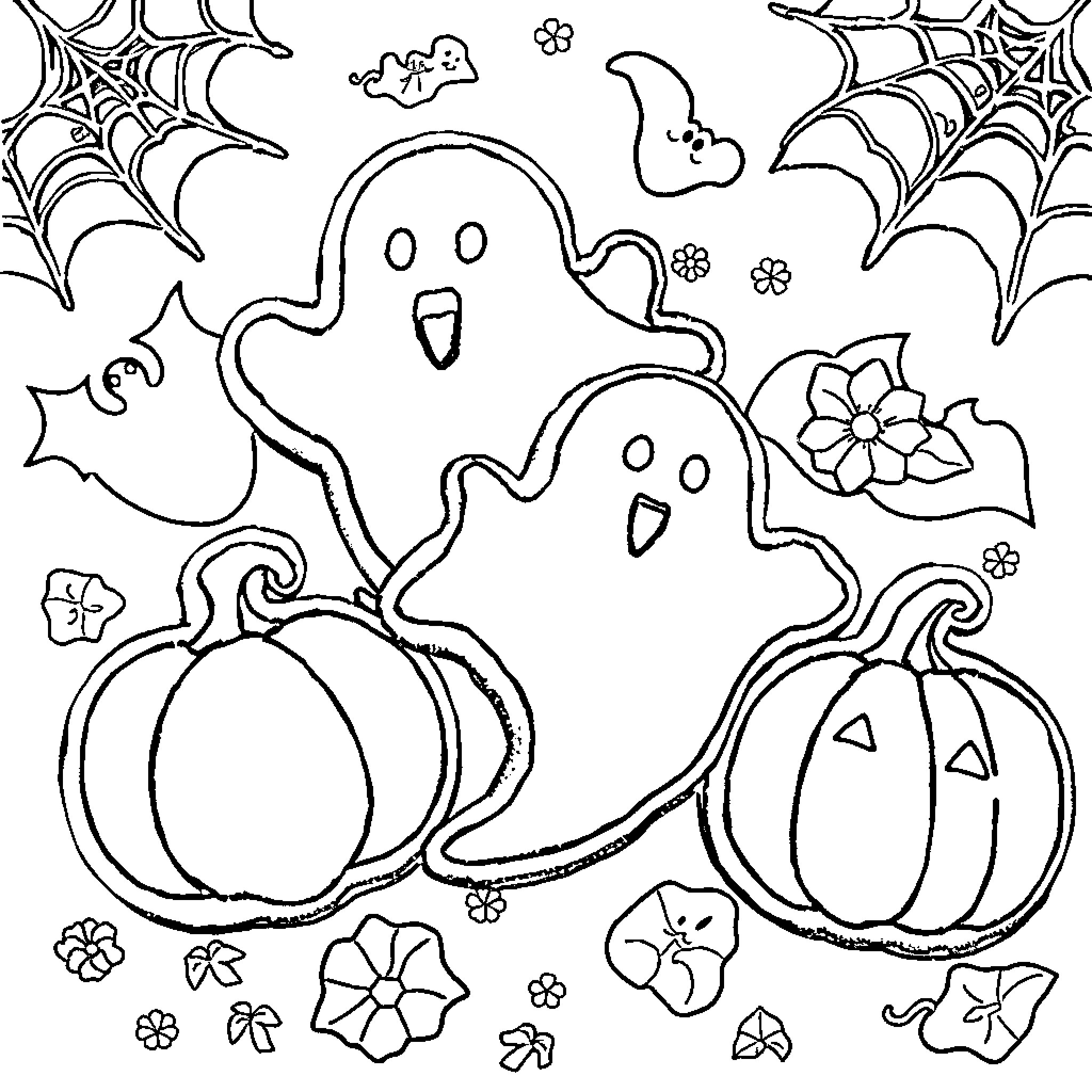 Cookie spooky ghosts and pumpkins Coloring Page (free black-and-white line drawing printable PDF for all, from beginners to advanced learners, including children, teens, adults, and seniors)