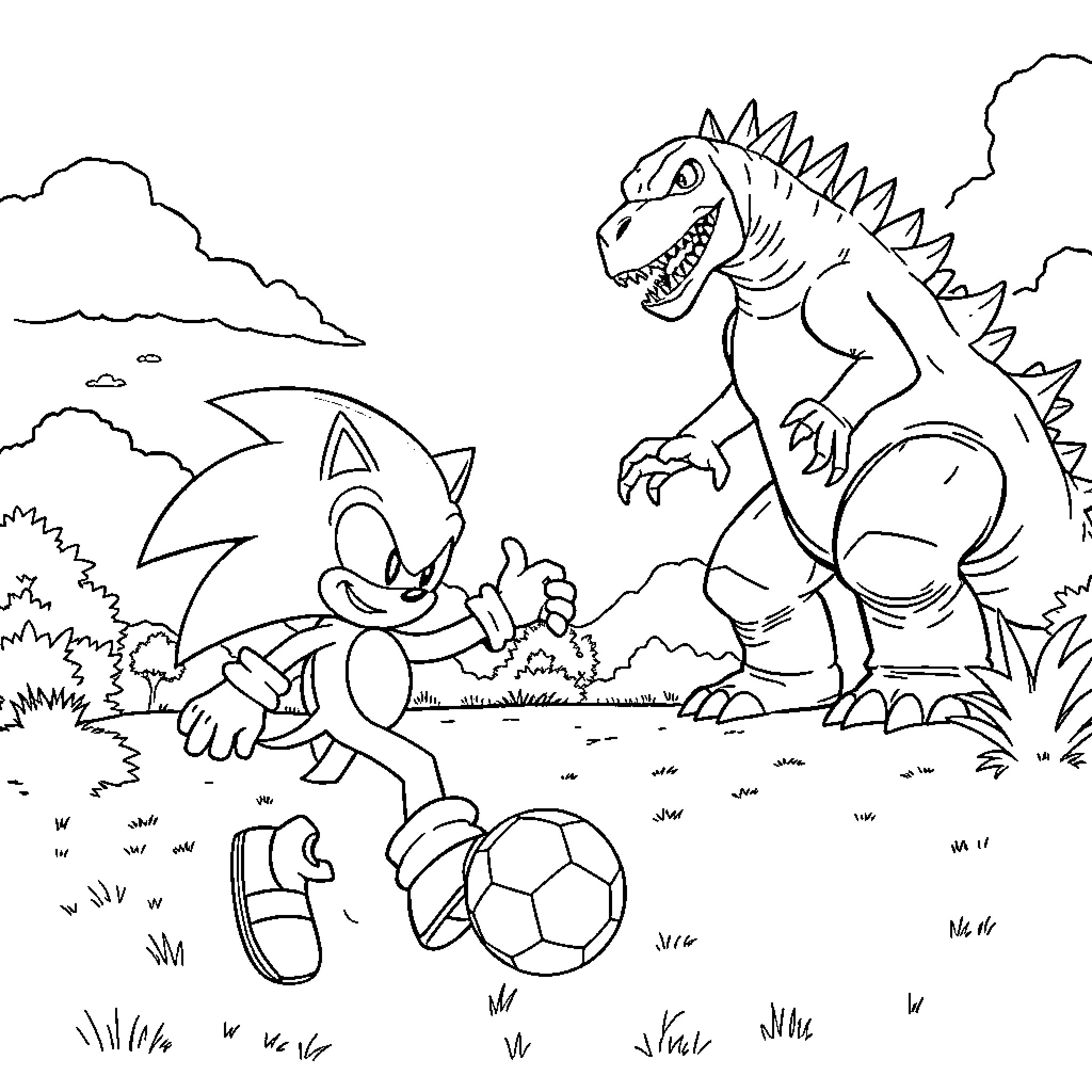 Sonic playing soccer with a ferocious dinosaur Coloring Page (free black-and-white line drawing printable PDF for all, from beginners to advanced learners, including children, teens, adults, and seniors)
