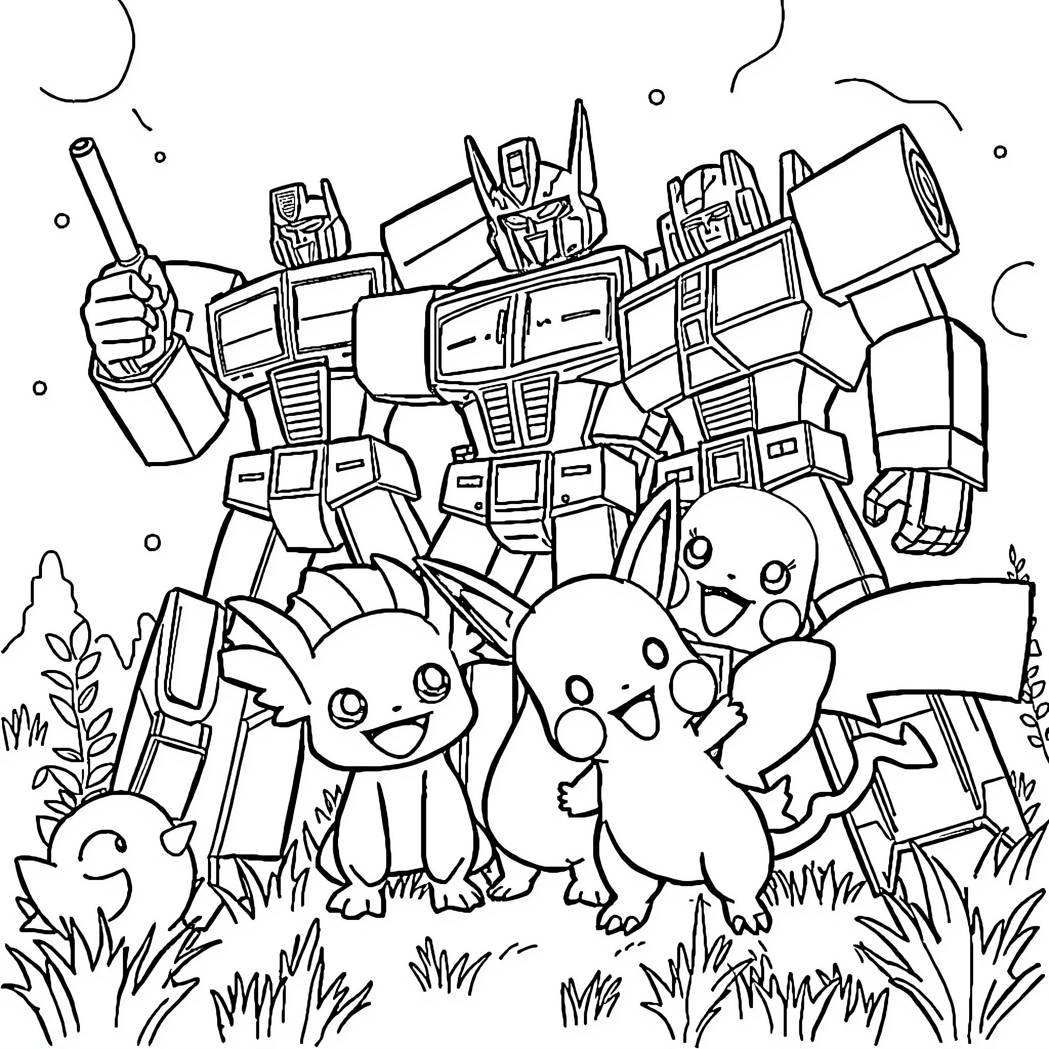 Transformers battling with adorable creatures in the field Coloring Page (free black-and-white line drawing printable PDF for all, from beginners to advanced learners, including children, teens, adults, and seniors)