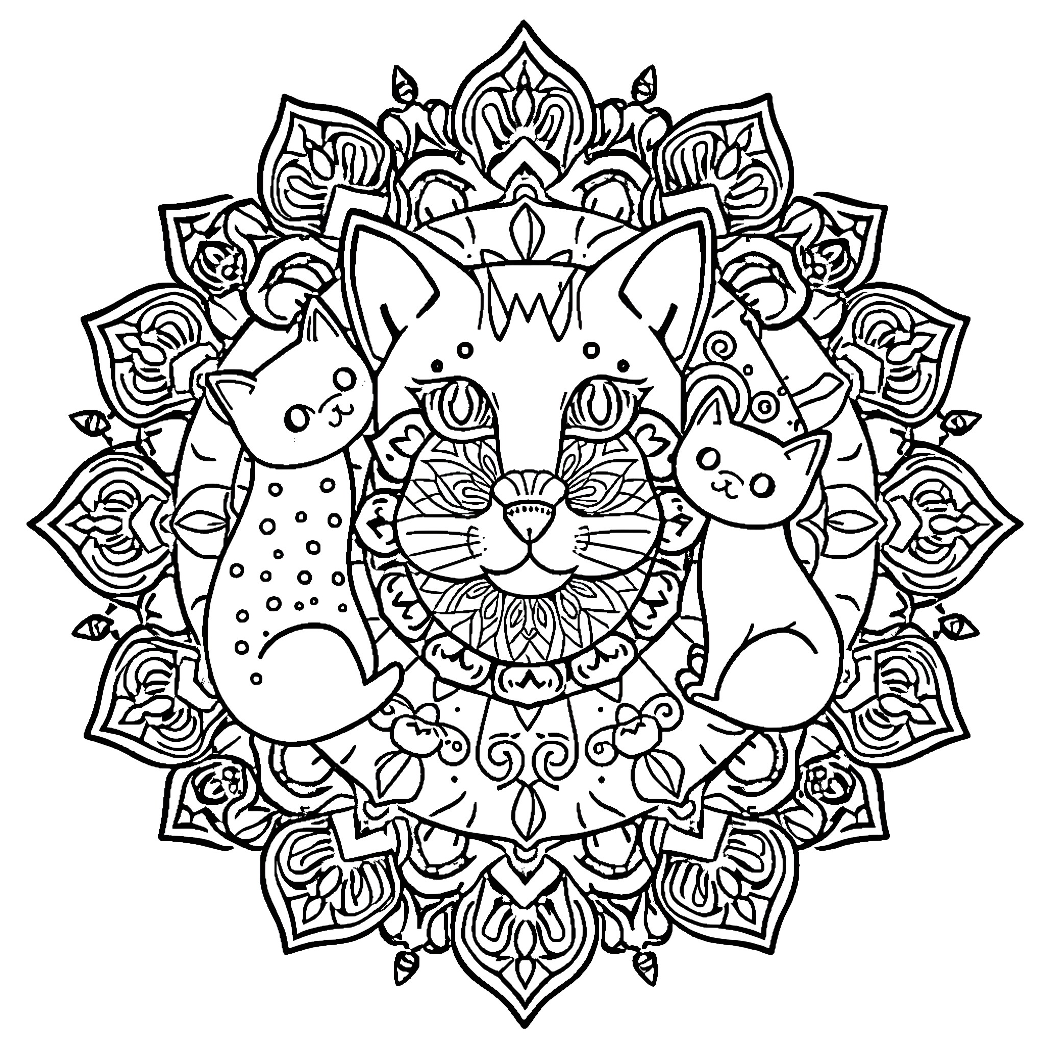 Cats in Ornate Mandala Design Coloring Page (free black-and-white line drawing printable PDF for all, from beginners to advanced learners, including children, teens, adults, and seniors)