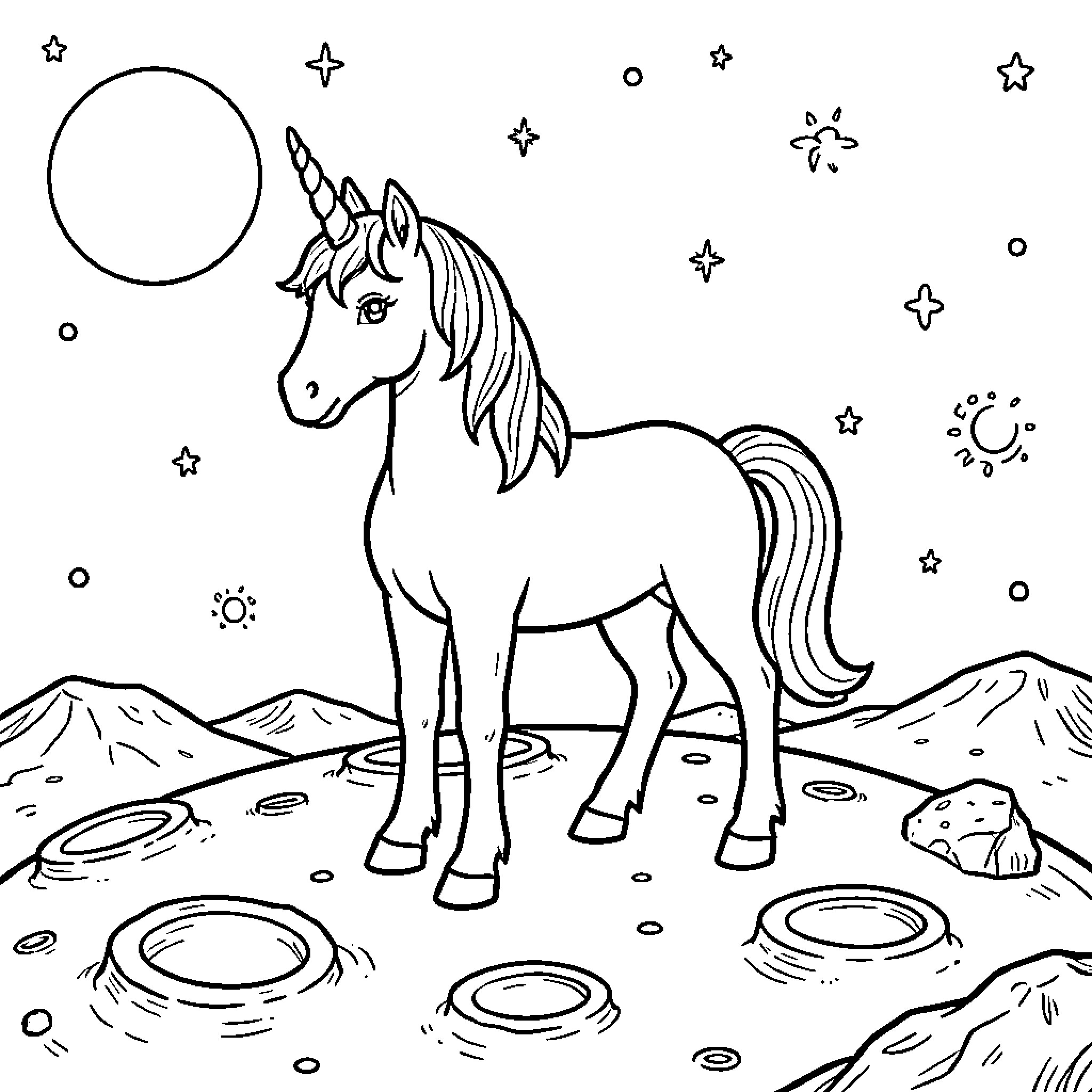 Unicorn standing majestically on a lunar landscape Coloring Page (free black-and-white line drawing printable PDF for all, from beginners to advanced learners, including children, teens, adults, and seniors)