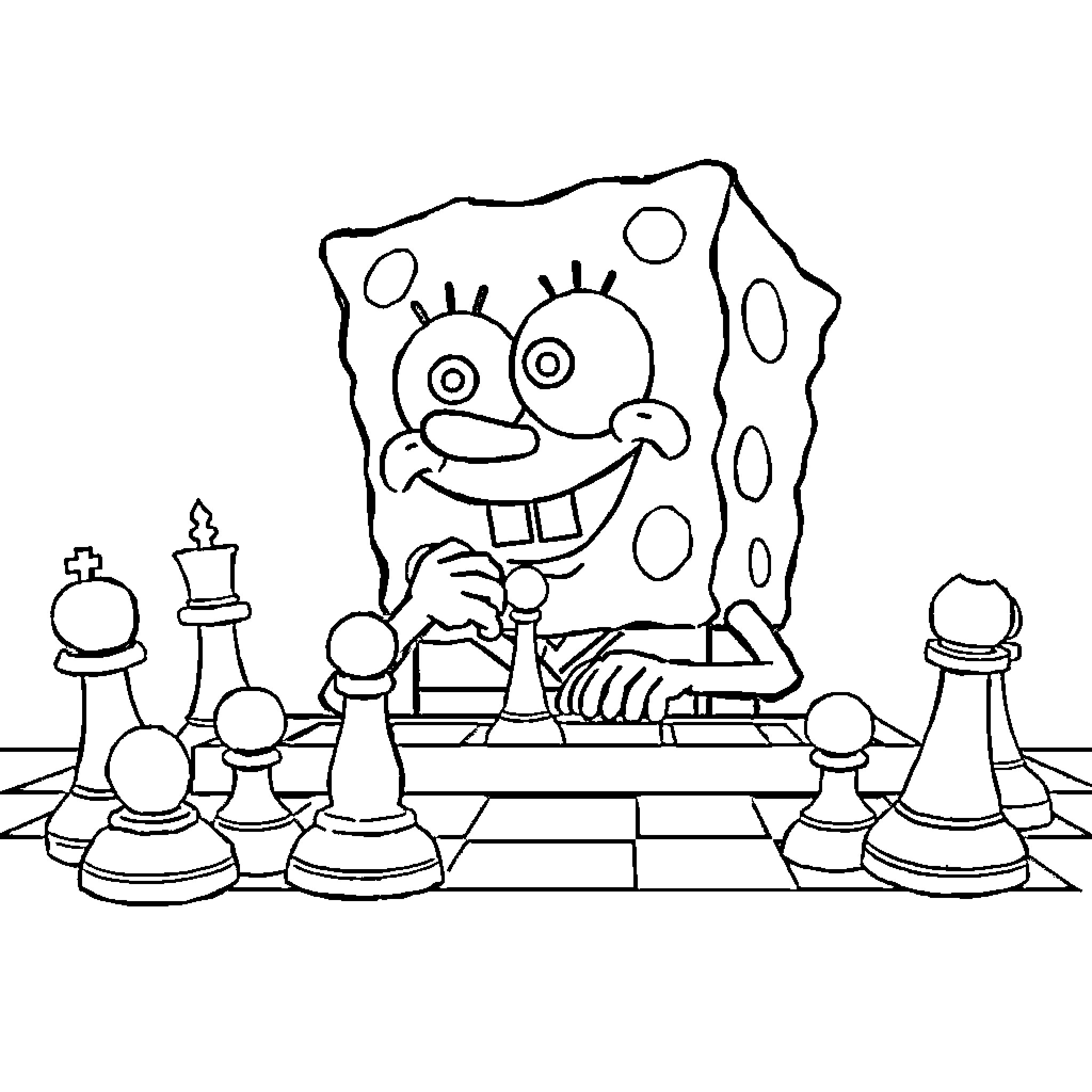 Spongebob playing chess with amusing facial expressions Coloring Page (free black-and-white line drawing printable PDF for all, from beginners to advanced learners, including children, teens, adults, and seniors)