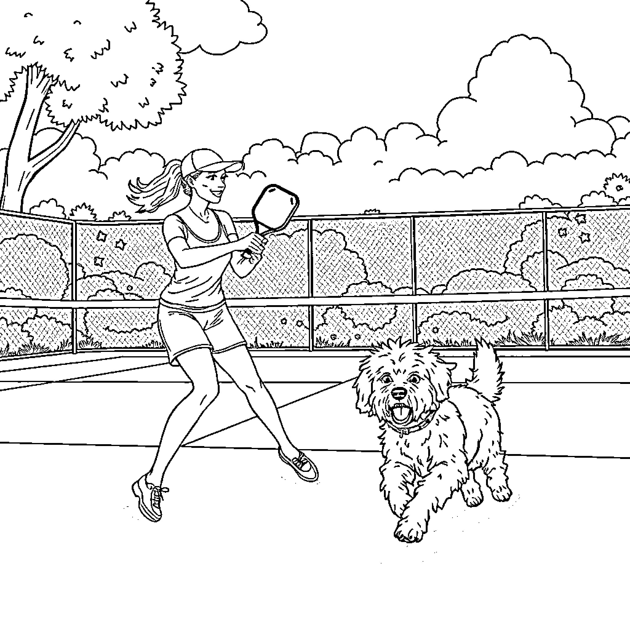 Woman jogging with her dog in the park Coloring Page (free black-and-white line drawing printable PDF for all, from beginners to advanced learners, including children, teens, adults, and seniors)