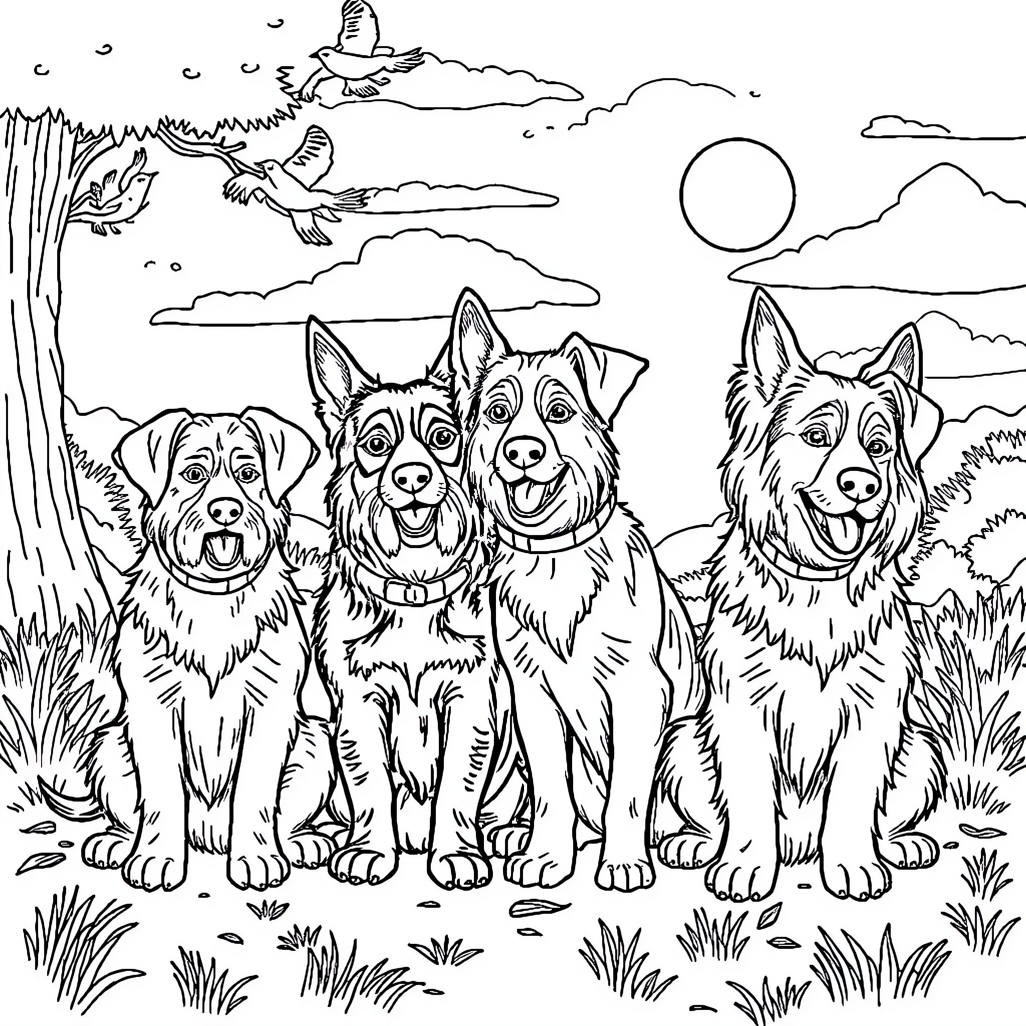 Paw Patrol dogs exploring the great outdoors Coloring Page (free black-and-white line drawing printable PDF for all, from beginners to advanced learners, including children, teens, adults, and seniors)