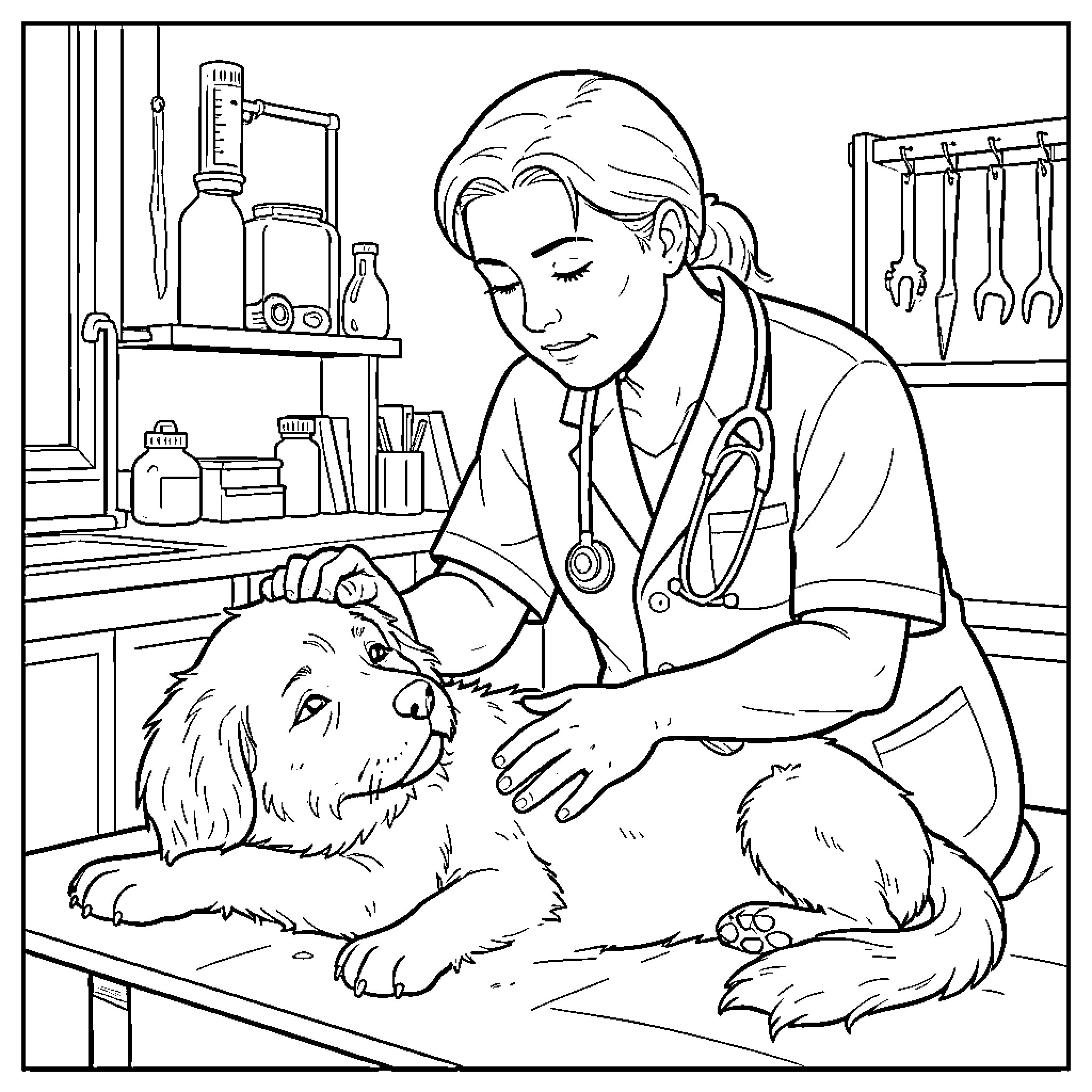 Vet examining a calm dog in a clinic Coloring Page (free black-and-white line drawing printable PDF for all, from beginners to advanced learners, including children, teens, adults, and seniors)