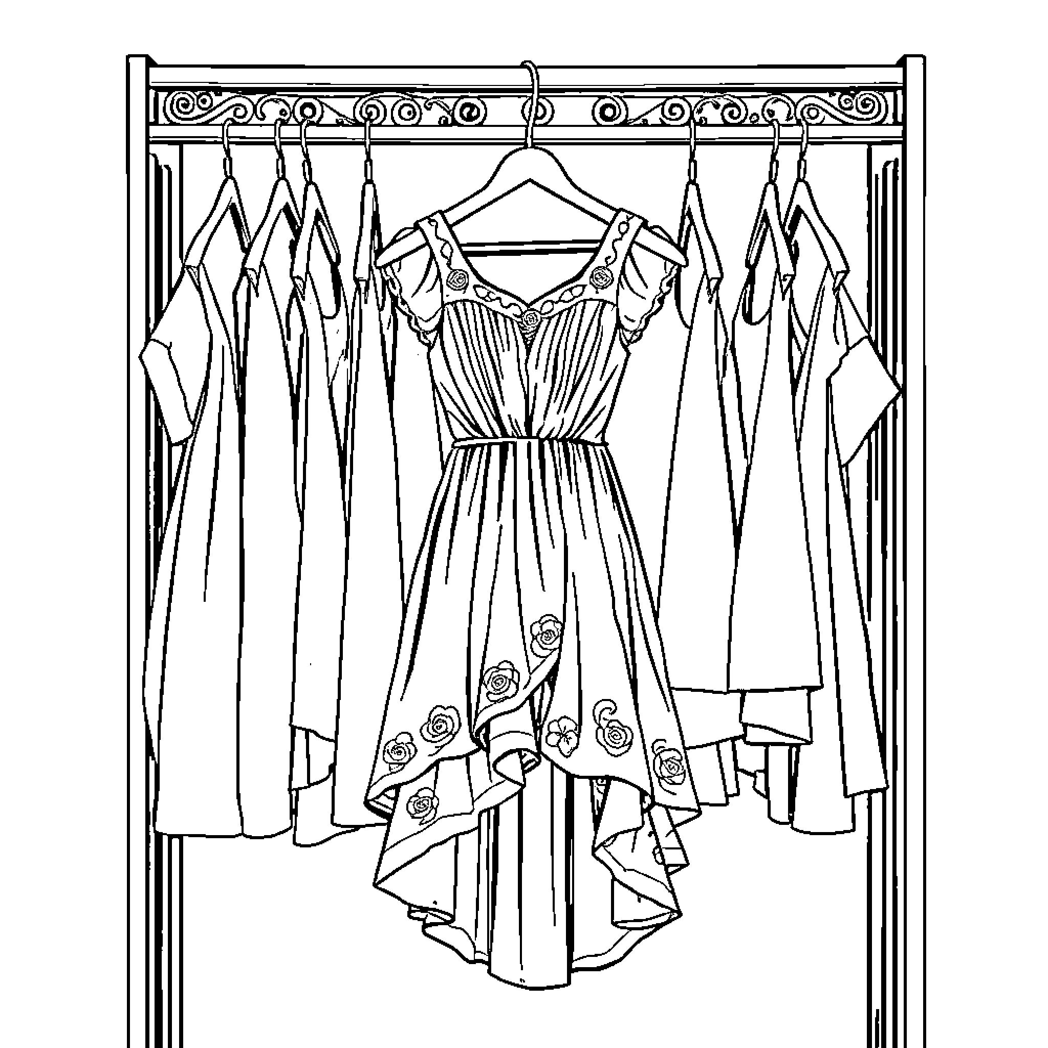 Dress showcasing elegant fashion on clothing rack Coloring Page (free black-and-white line drawing printable PDF for all, from beginners to advanced learners, including children, teens, adults, and seniors)