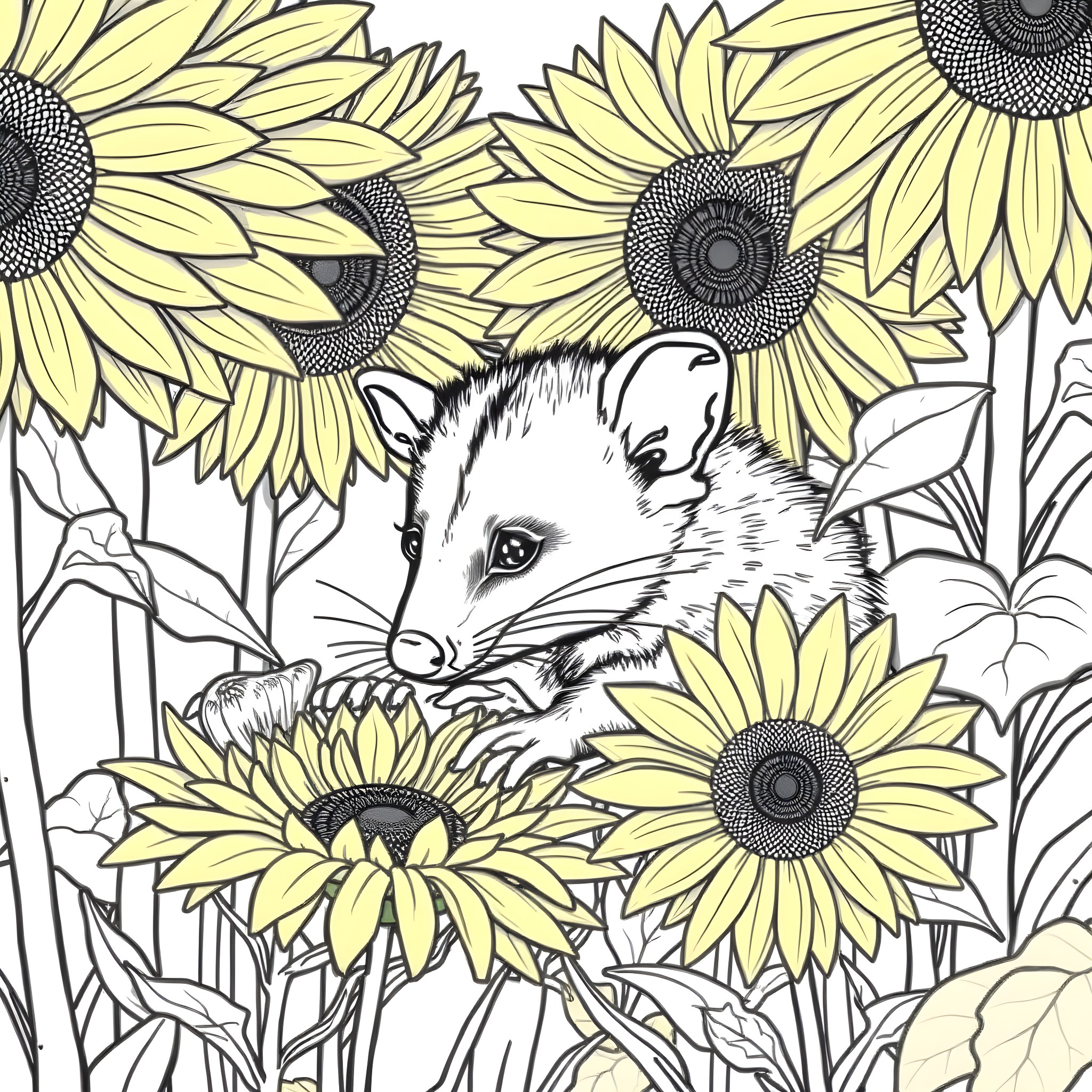 Opossum peeking through sunflowers Coloring Page (free black-and-white line drawing printable PDF for all, from beginners to advanced learners, including children, teens, adults, and seniors)