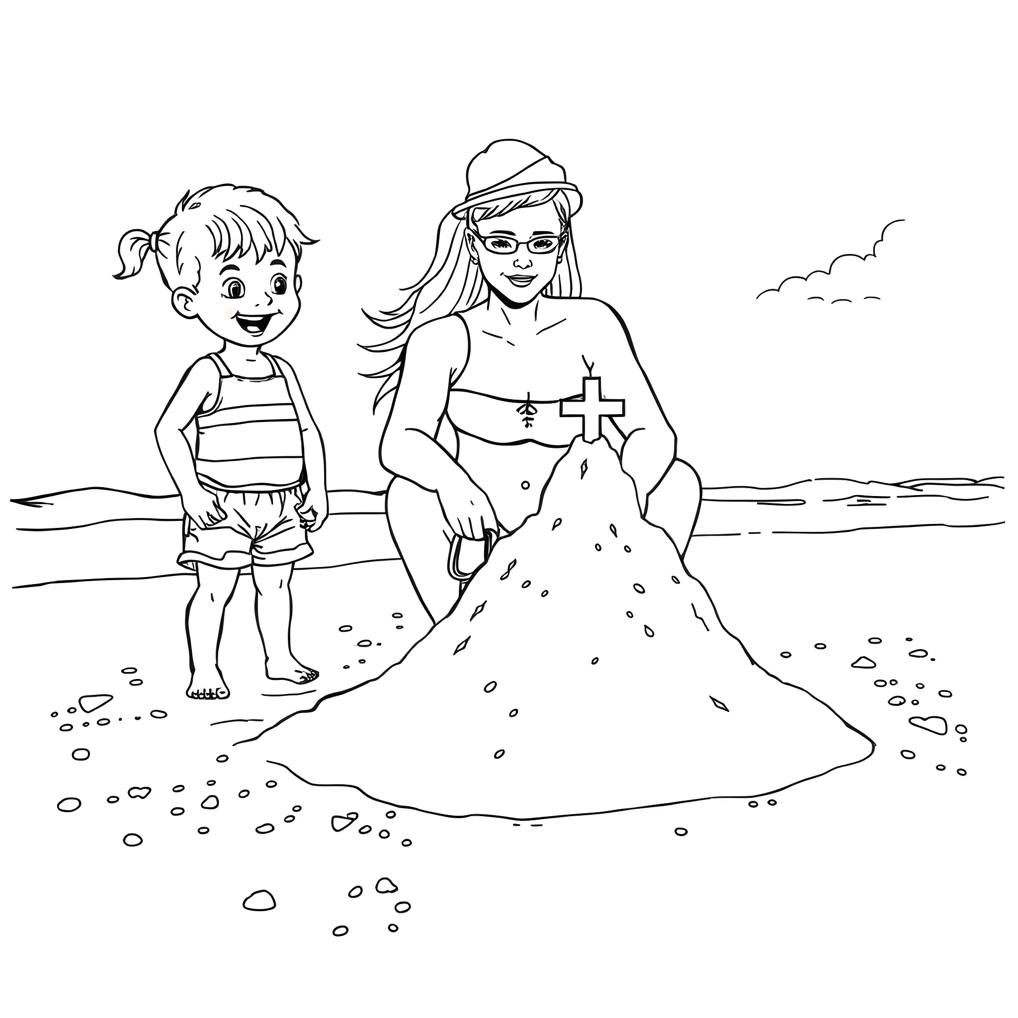 Child enjoying summer activities at the beach Coloring Page (free black-and-white line drawing printable PDF for all, from beginners to advanced learners, including children, teens, adults, and seniors)