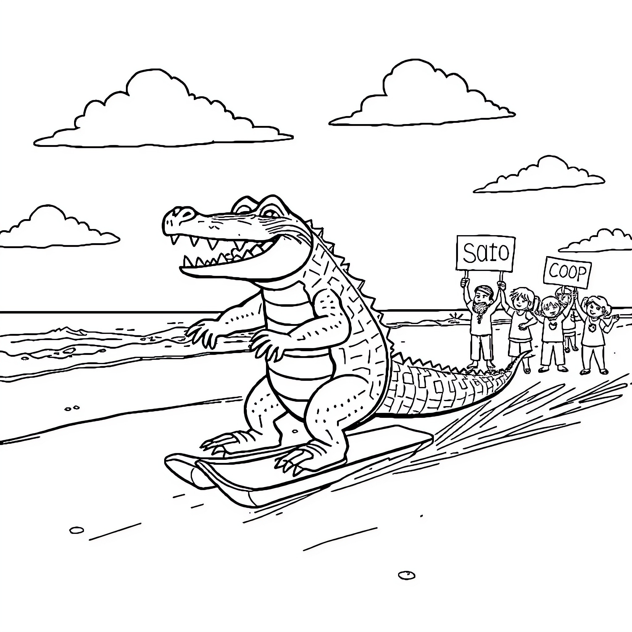 Alligator surfing and waving at spectators Coloring Page (free black-and-white line drawing printable PDF for all, from beginners to advanced learners, including children, teens, adults, and seniors)