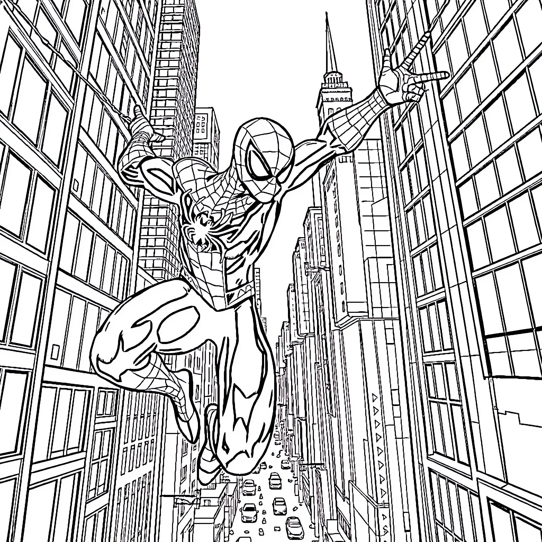 Spiderman swinging through the city skyline Coloring Page (free black-and-white line drawing printable PDF for all, from beginners to advanced learners, including children, teens, adults, and seniors)