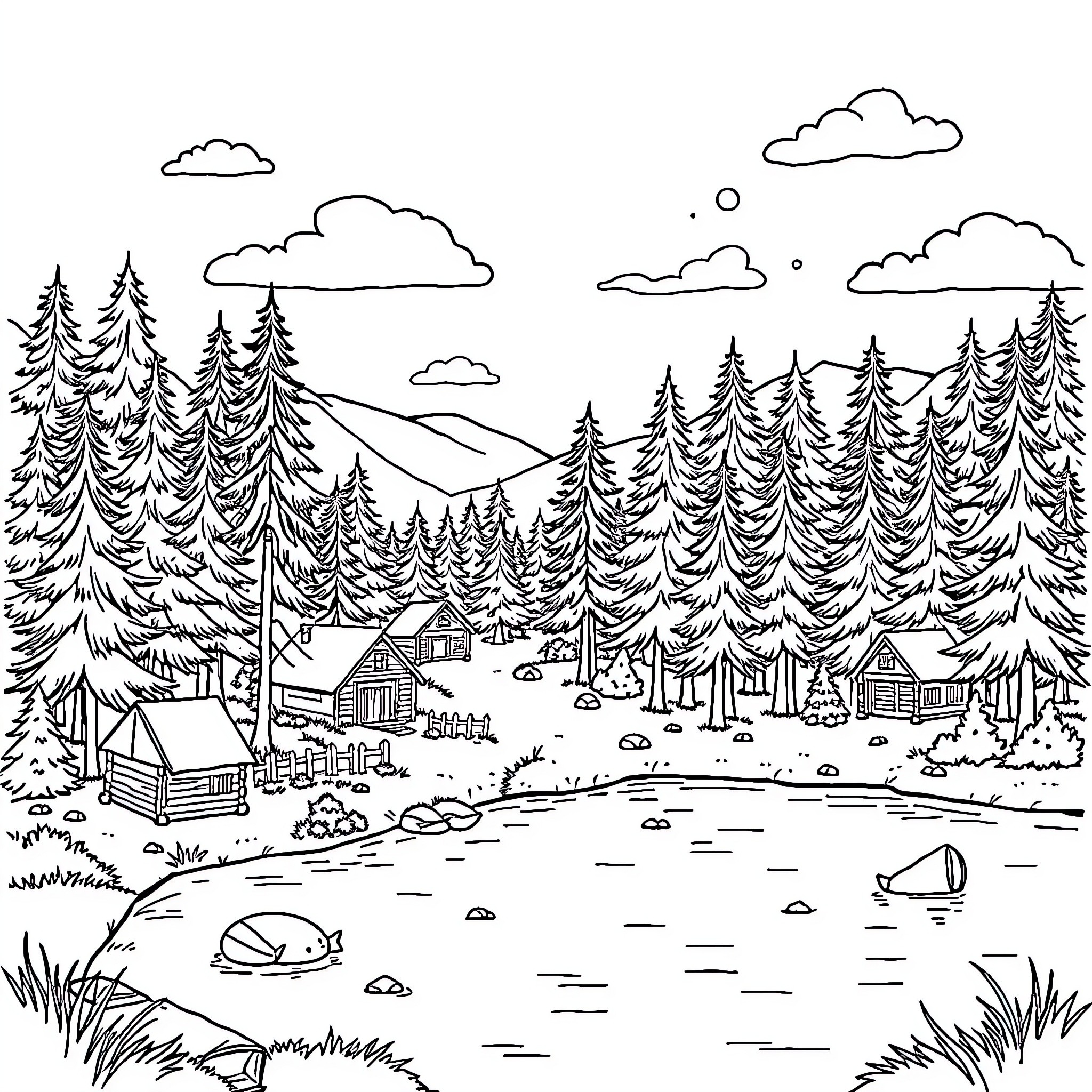 Camp in the Serene Forest Landscape Coloring Page (free black-and-white line drawing printable PDF for all, from beginners to advanced learners, including children, teens, adults, and seniors)