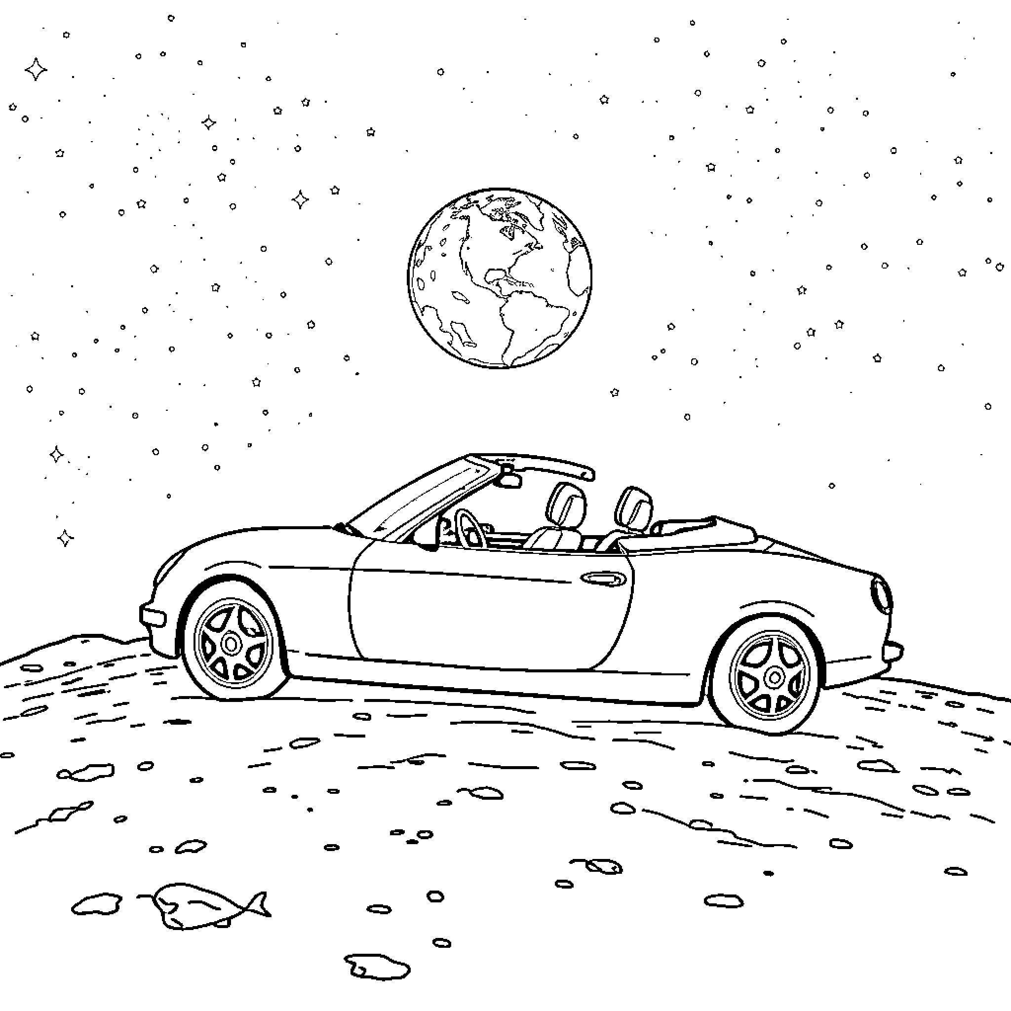 Convertible on a starry night drive Coloring Page (free black-and-white line drawing printable PDF for all, from beginners to advanced learners, including children, teens, adults, and seniors)