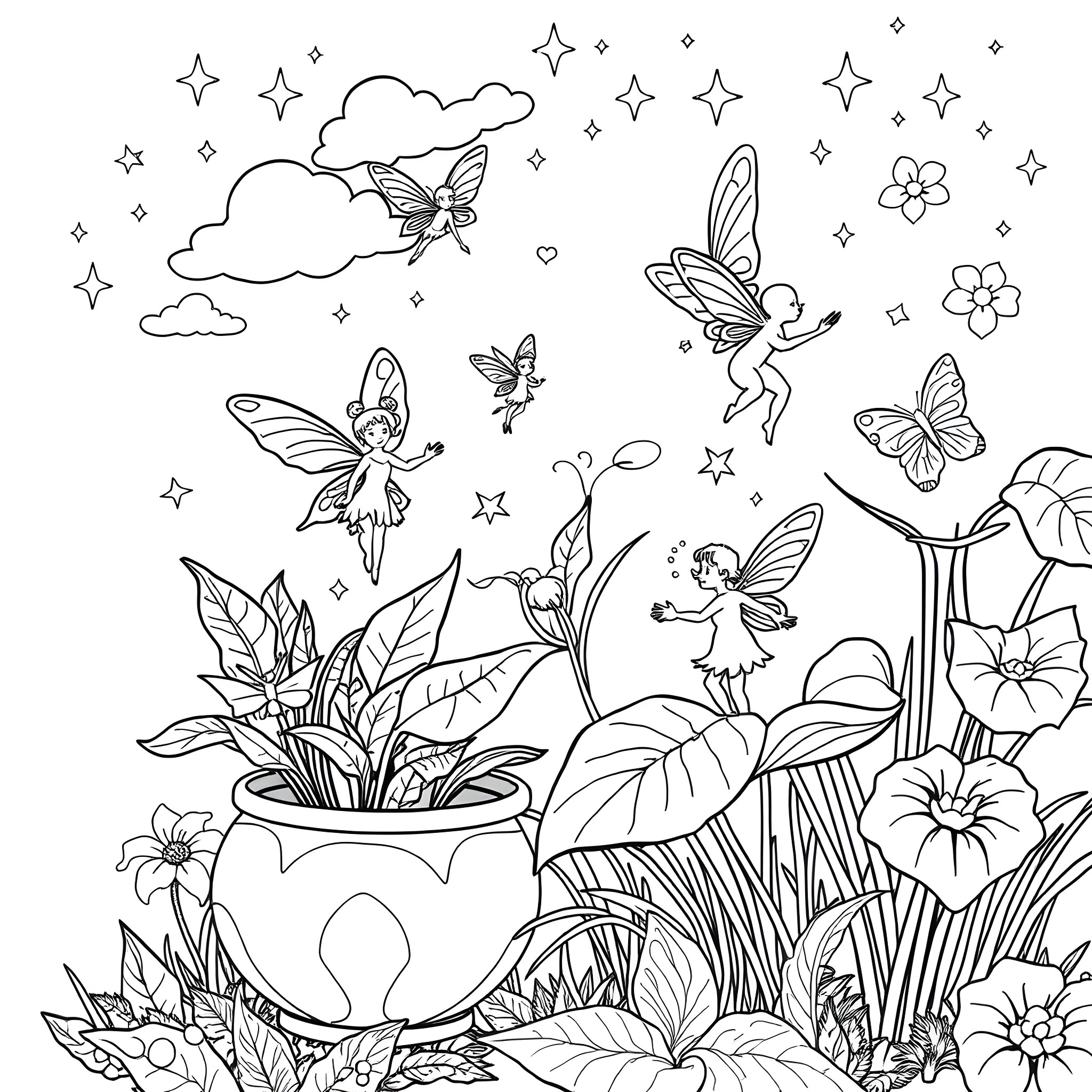 Fairy Creatures Frolicking in a Whimsical Garden Coloring Page (free black-and-white line drawing printable PDF for all, from beginners to advanced learners, including children, teens, adults, and seniors)