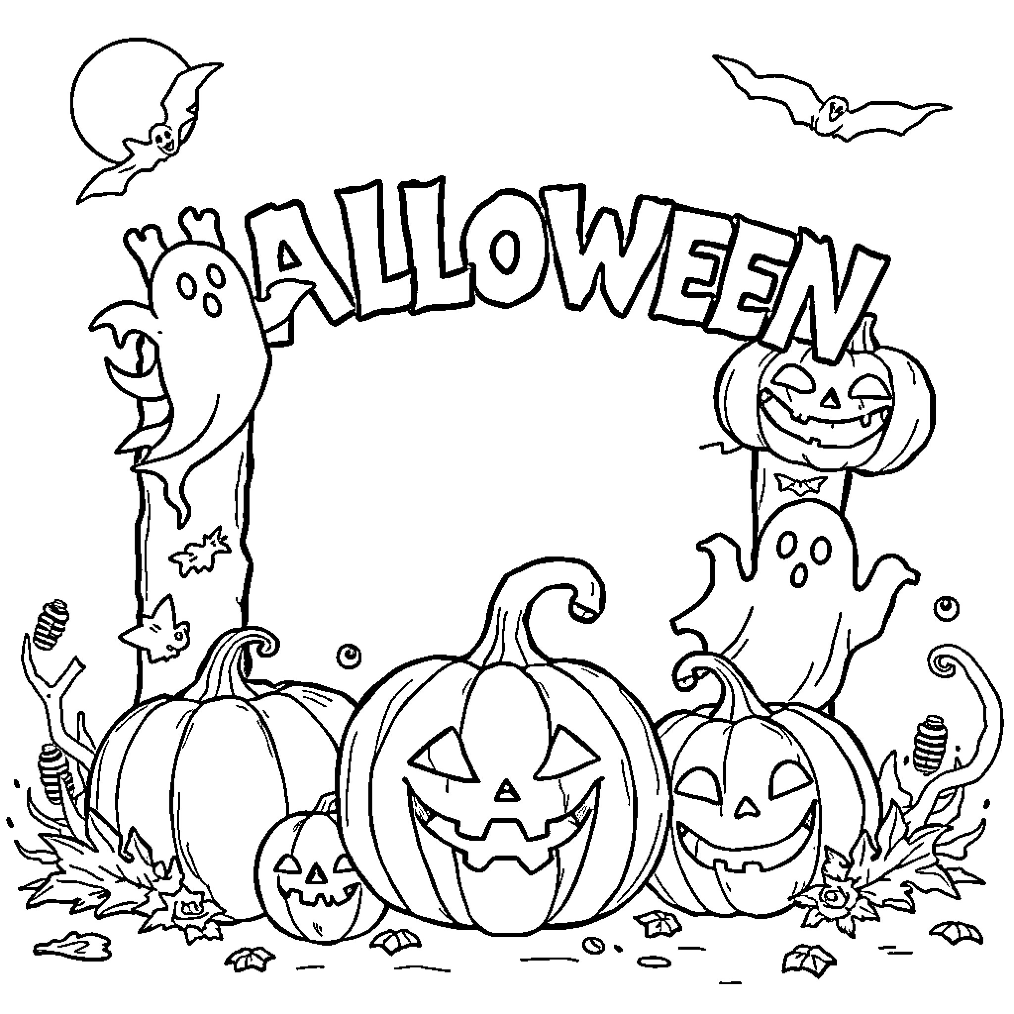 Halloween Letter Featuring Spooky Pumpkins and Ghosts Coloring Page (free black-and-white line drawing printable PDF for all, from beginners to advanced learners, including children, teens, adults, and seniors)
