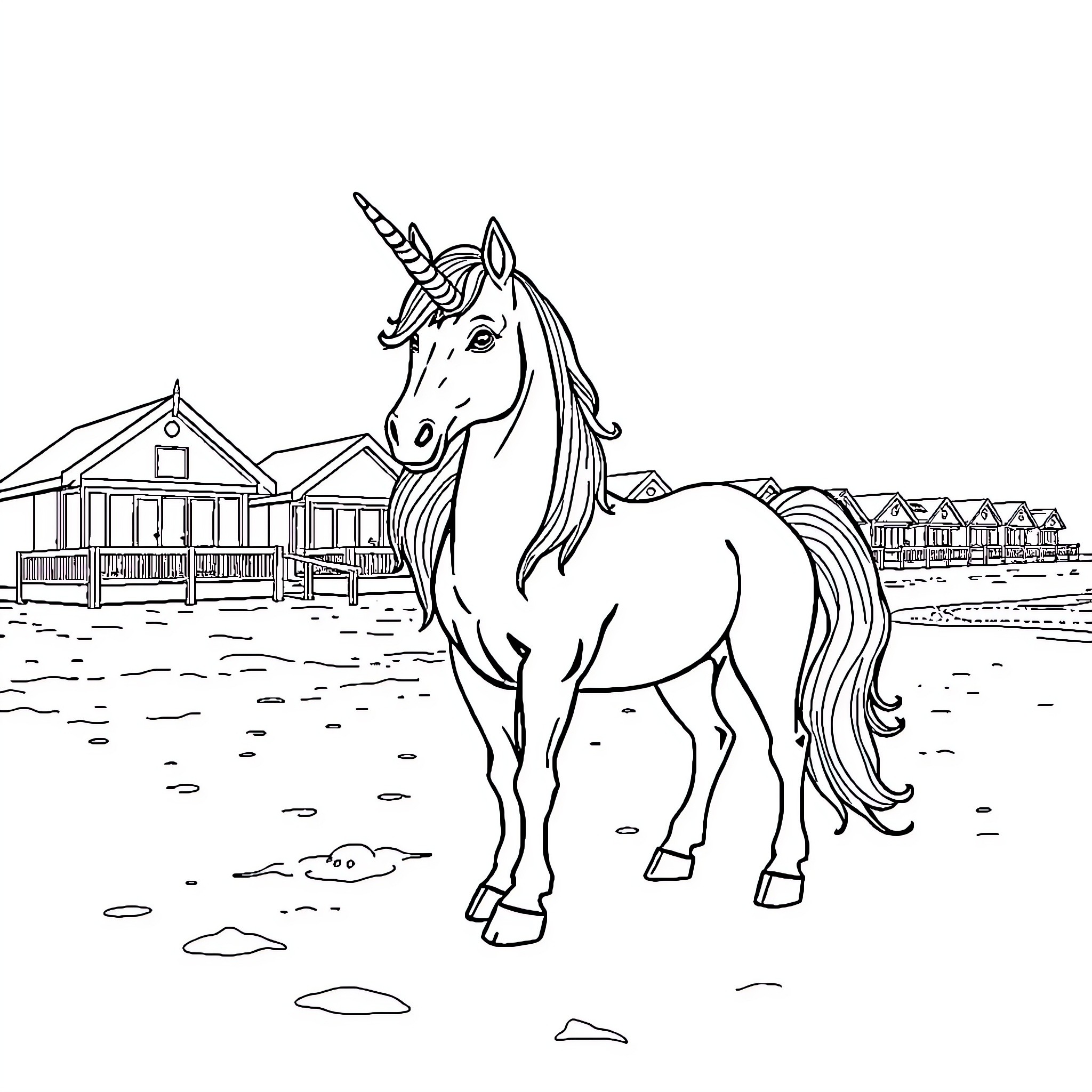 Unicorn standing near seaside cottages Coloring Page (free black-and-white line drawing printable PDF for all, from beginners to advanced learners, including children, teens, adults, and seniors)