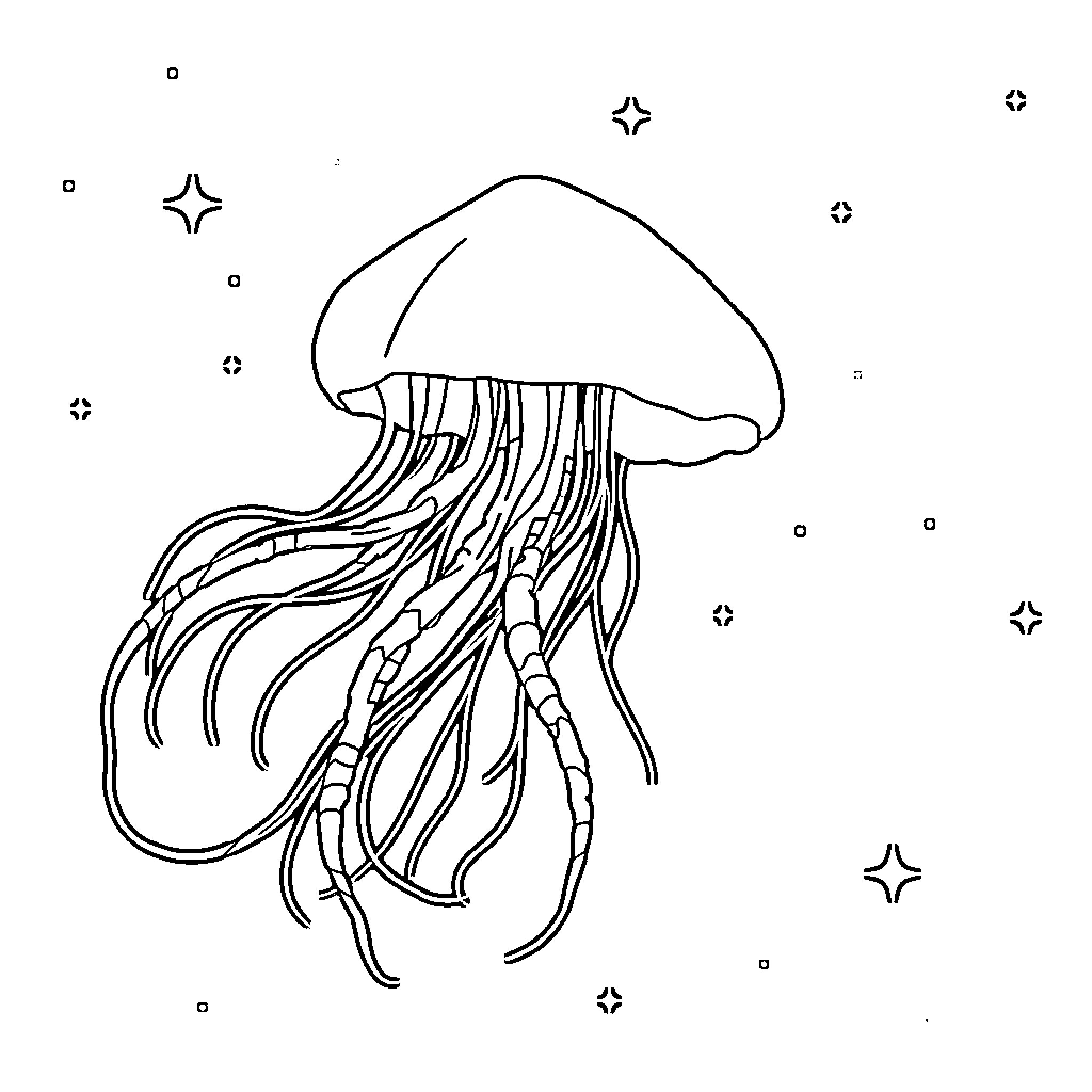 Jellyfish drifting gracefully in the cosmic sea Coloring Page (free black-and-white line drawing printable PDF for all, from beginners to advanced learners, including children, teens, adults, and seniors)