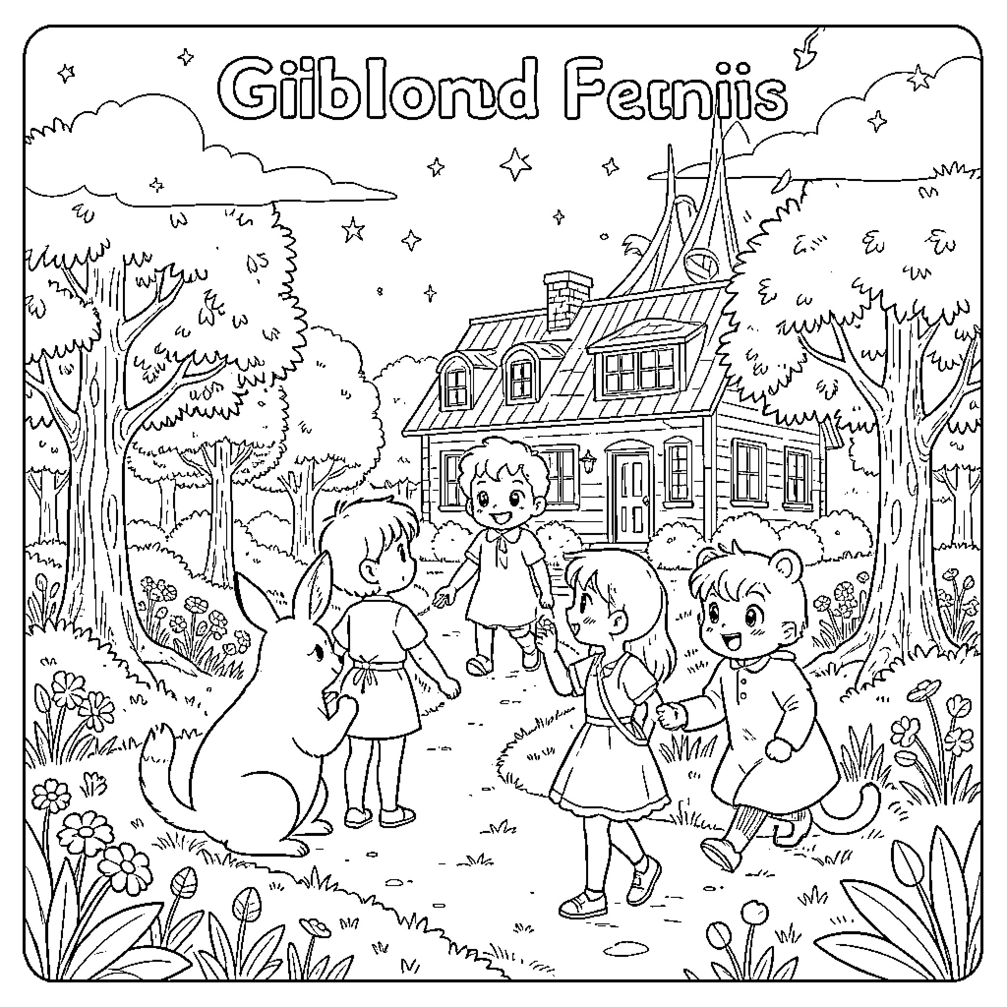 Ghibli style children playing outside a cottage Coloring Page (free black-and-white line drawing printable PDF for all, from beginners to advanced learners, including children, teens, adults, and seniors)