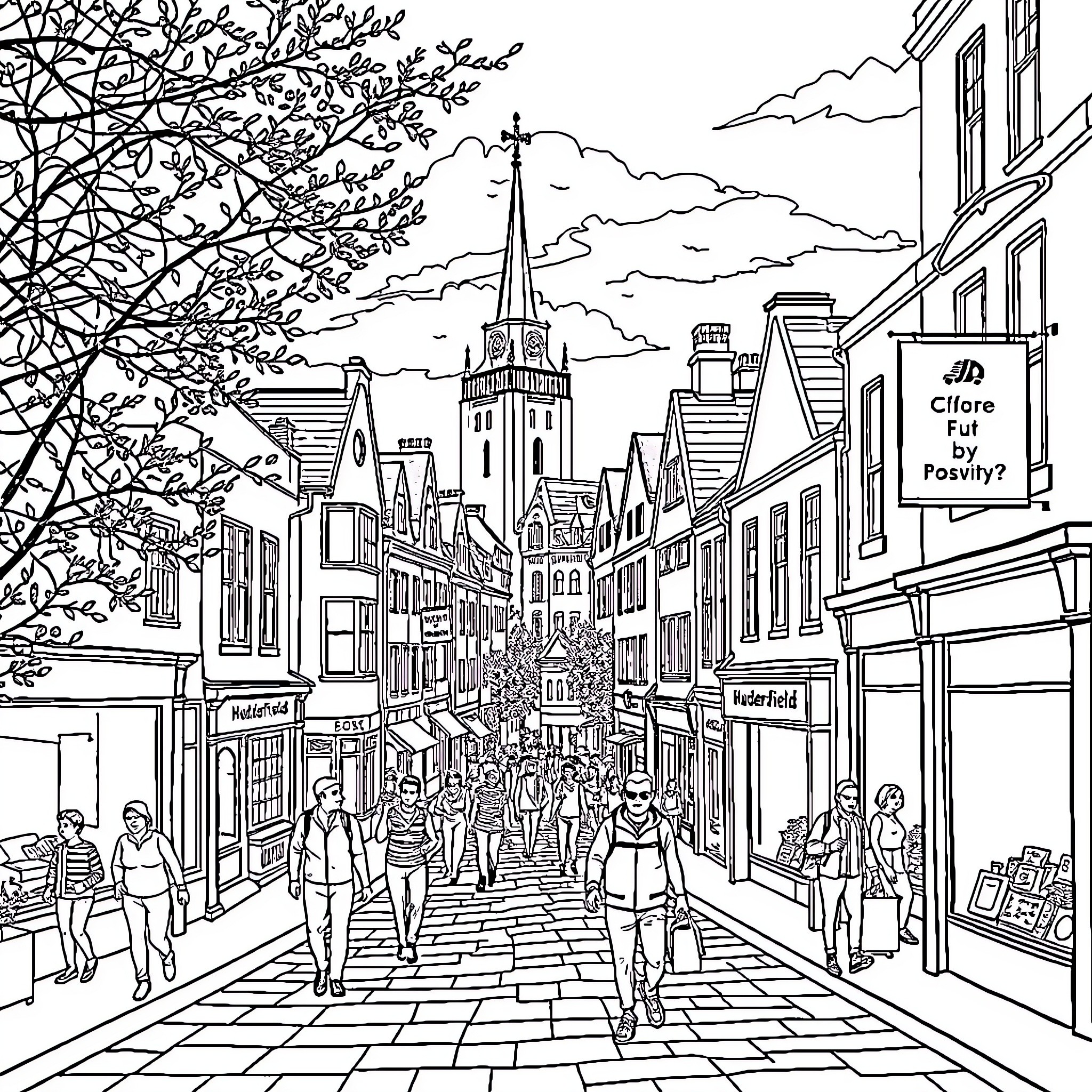 Huddersfield's Bustling Urban Scene with Pedestrians and Architecture Coloring Page (free black-and-white line drawing printable PDF for all, from beginners to advanced learners, including children, teens, adults, and seniors)