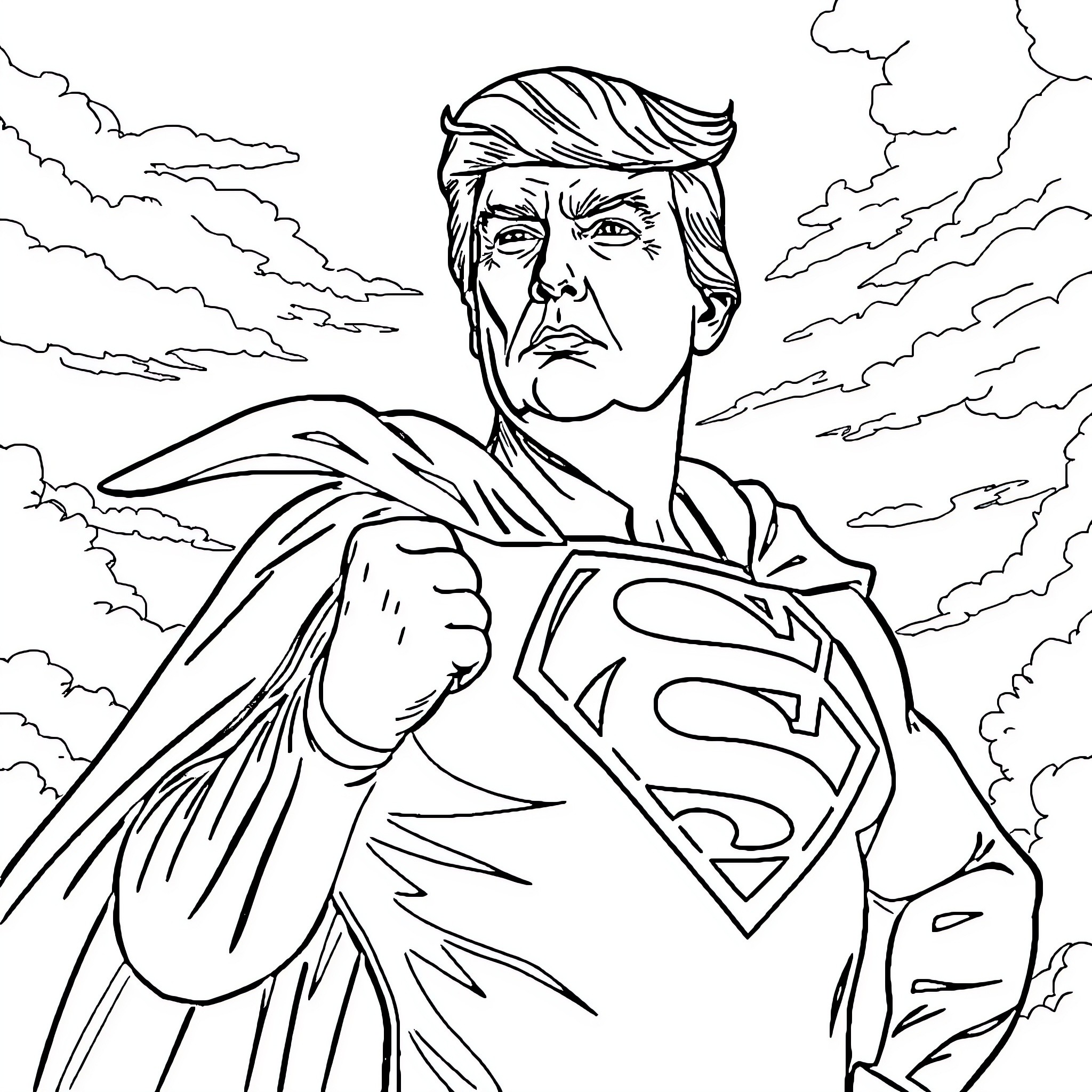 Superman with Trump's face in heroic pose Coloring Page (free black-and-white line drawing printable PDF for all, from beginners to advanced learners, including children, teens, adults, and seniors)