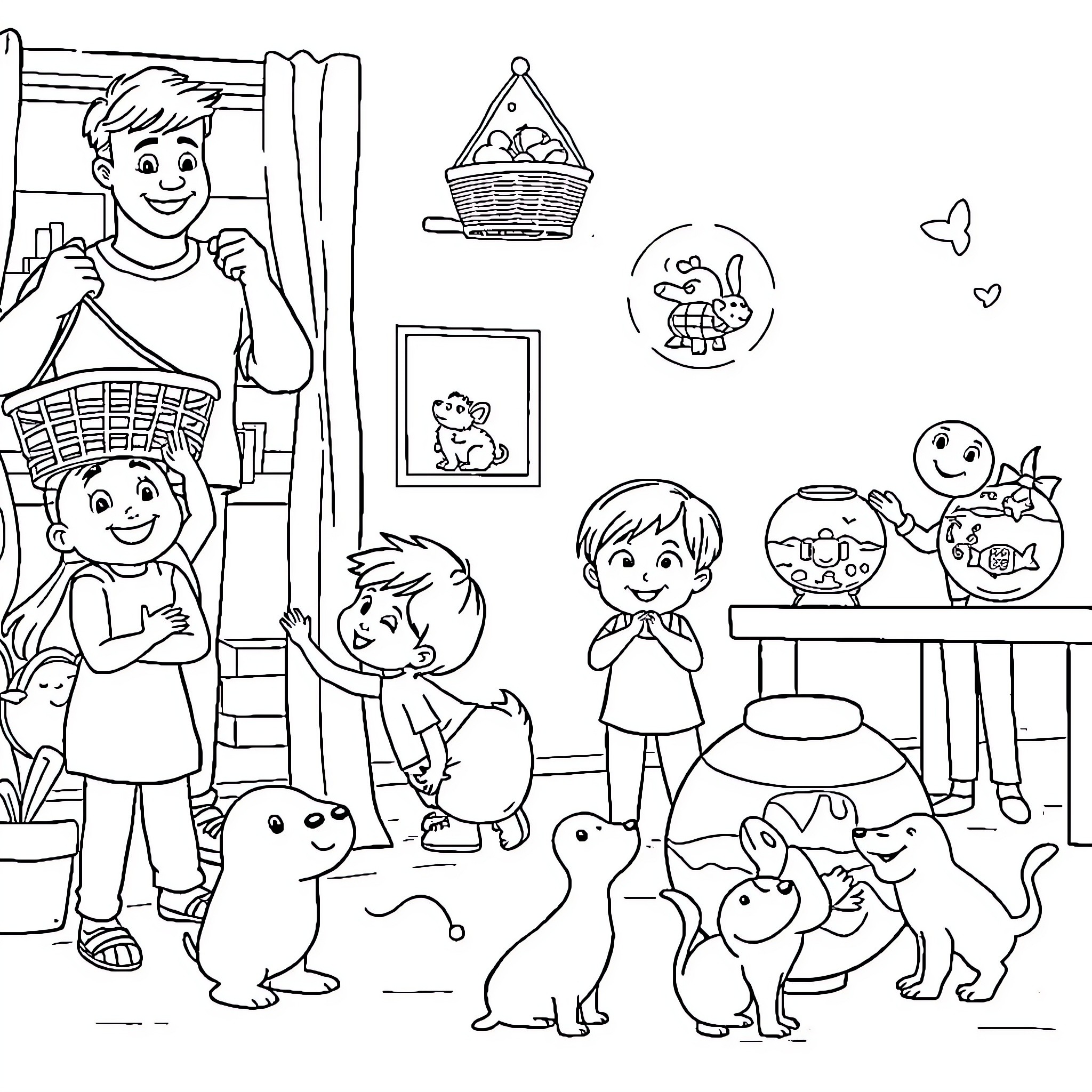 Family Enjoying Time Together at Home Coloring Page (free black-and-white line drawing printable PDF for all, from beginners to advanced learners, including children, teens, adults, and seniors)
