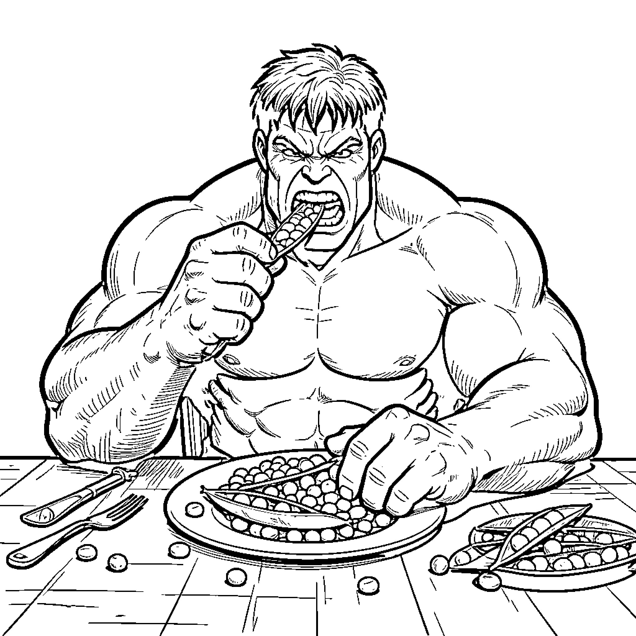 Hulk Feasting on Snacks with Fierce Expression Coloring Page (free black-and-white line drawing printable PDF for all, from beginners to advanced learners, including children, teens, adults, and seniors)