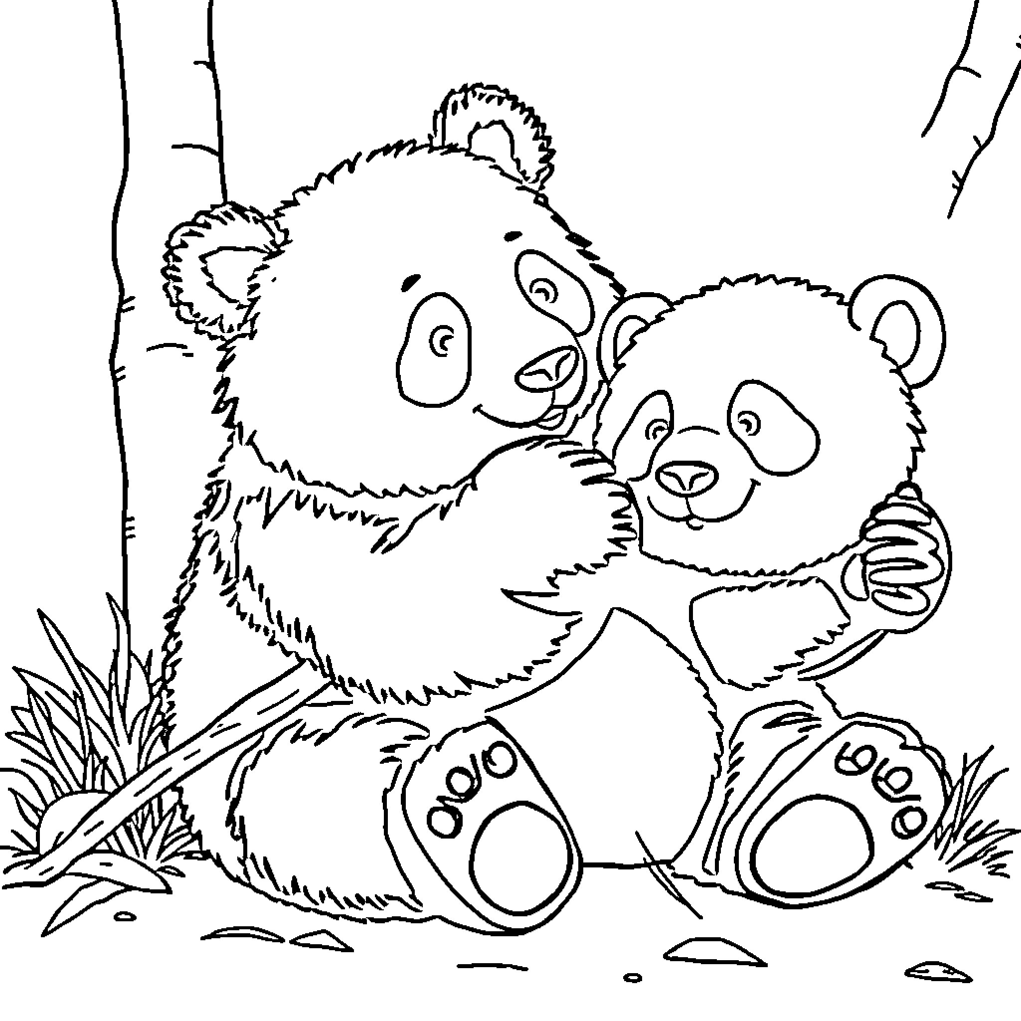 Panda bears cuddling in the forest Coloring Page (free black-and-white line drawing printable PDF for all, from beginners to advanced learners, including children, teens, adults, and seniors)