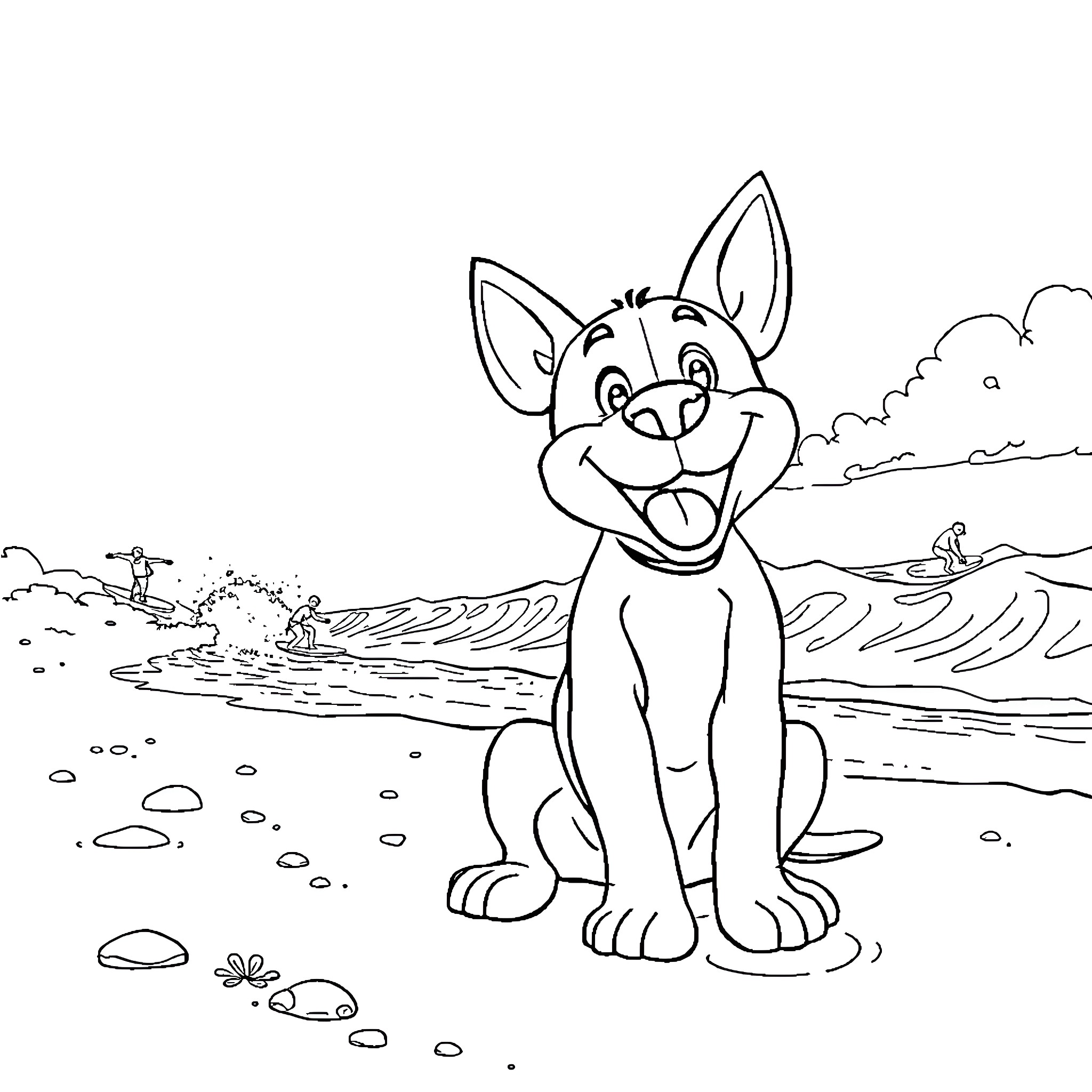 Bluey playing happily by the beach Coloring Page (free black-and-white line drawing printable PDF for all, from beginners to advanced learners, including children, teens, adults, and seniors)