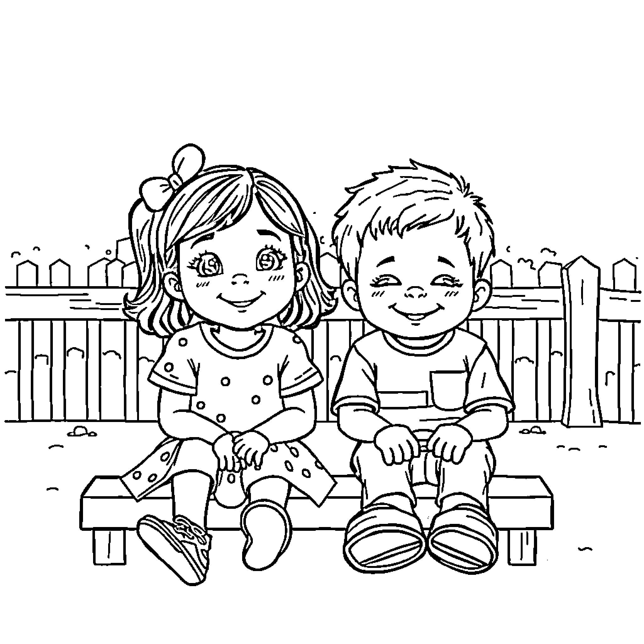 Girl and Boy Sitting on a Bench Together Coloring Page (free black-and-white line drawing printable PDF for all, from beginners to advanced learners, including children, teens, adults, and seniors)