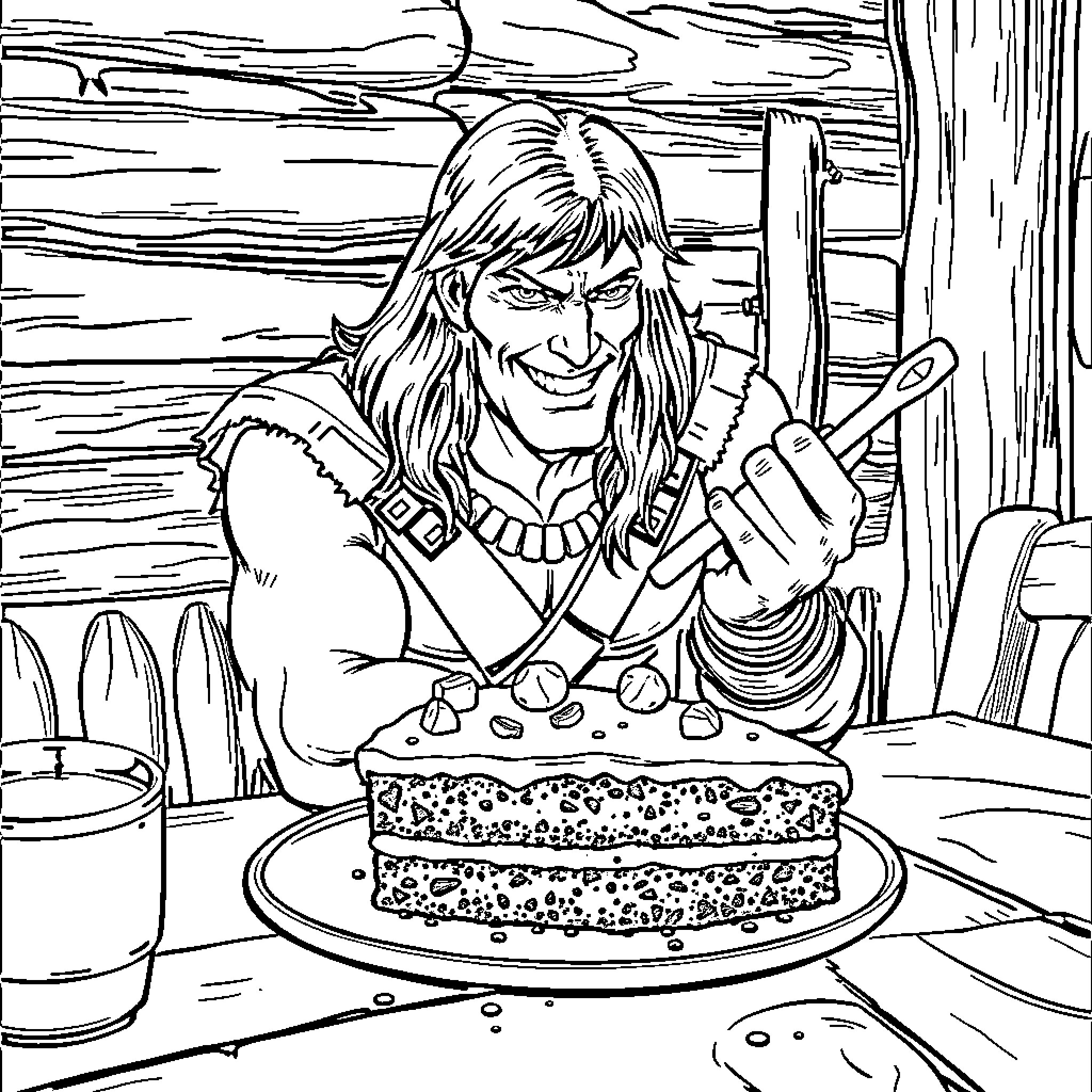 Conan enjoying a hearty meal in the wilderness Coloring Page (free black-and-white line drawing printable PDF for all, from beginners to advanced learners, including children, teens, adults, and seniors)