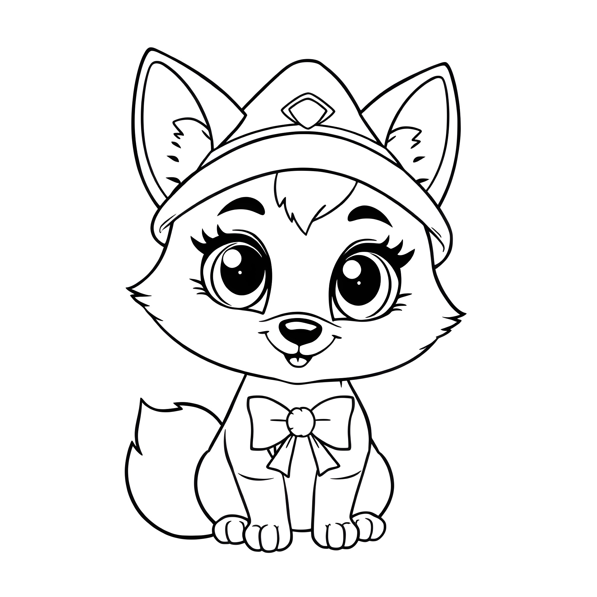 Fox in a cute outfit with a bow Coloring Page (free black-and-white line drawing printable PDF for all, from beginners to advanced learners, including children, teens, adults, and seniors)