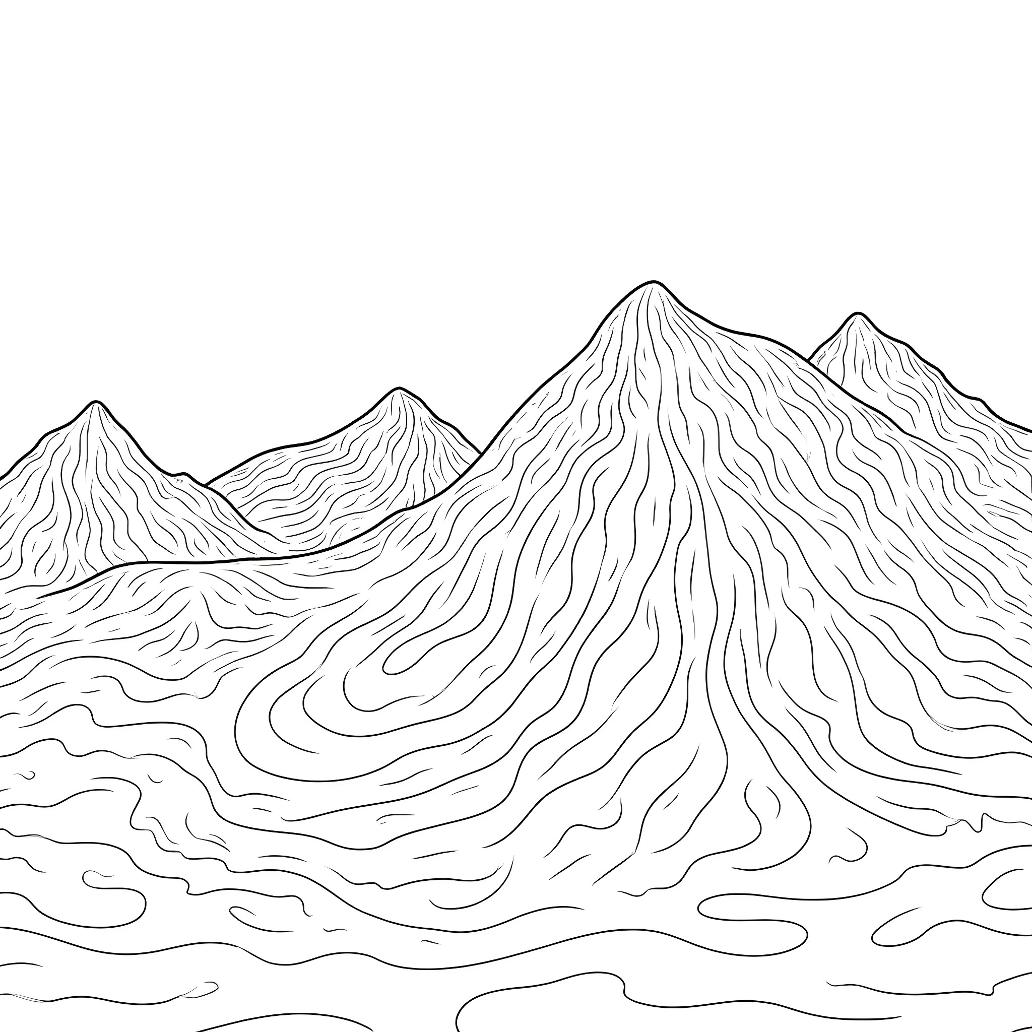 Mountain landscape with flowing lines and textures Coloring Page (free black-and-white line drawing printable PDF for all, from beginners to advanced learners, including children, teens, adults, and seniors)