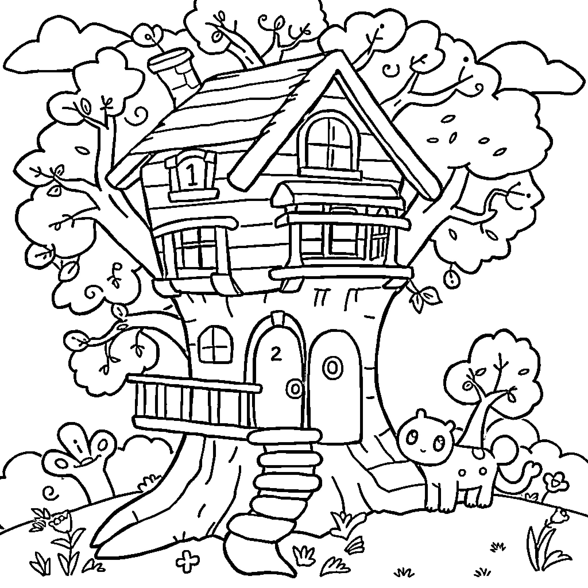Treehouse with whimsical details and outdoor scene Coloring Page (free black-and-white line drawing printable PDF for all, from beginners to advanced learners, including children, teens, adults, and seniors)