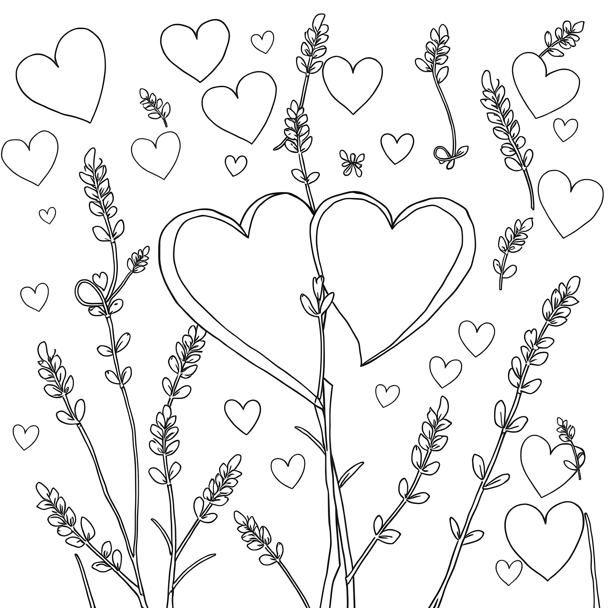 Heart-shaped floral arrangement with delicate branches Coloring Page (free black-and-white line drawing printable PDF for all, from beginners to advanced learners, including children, teens, adults, and seniors)