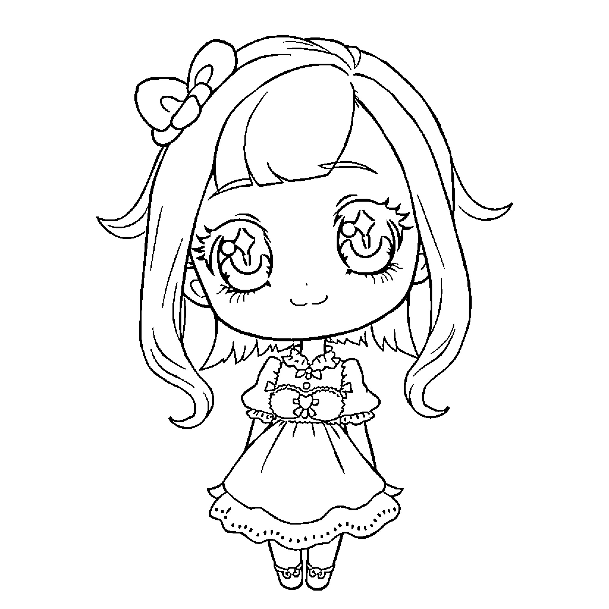 Anime Wife in Adorable Dress Coloring Page (free black-and-white line drawing printable PDF for all, from beginners to advanced learners, including children, teens, adults, and seniors)
